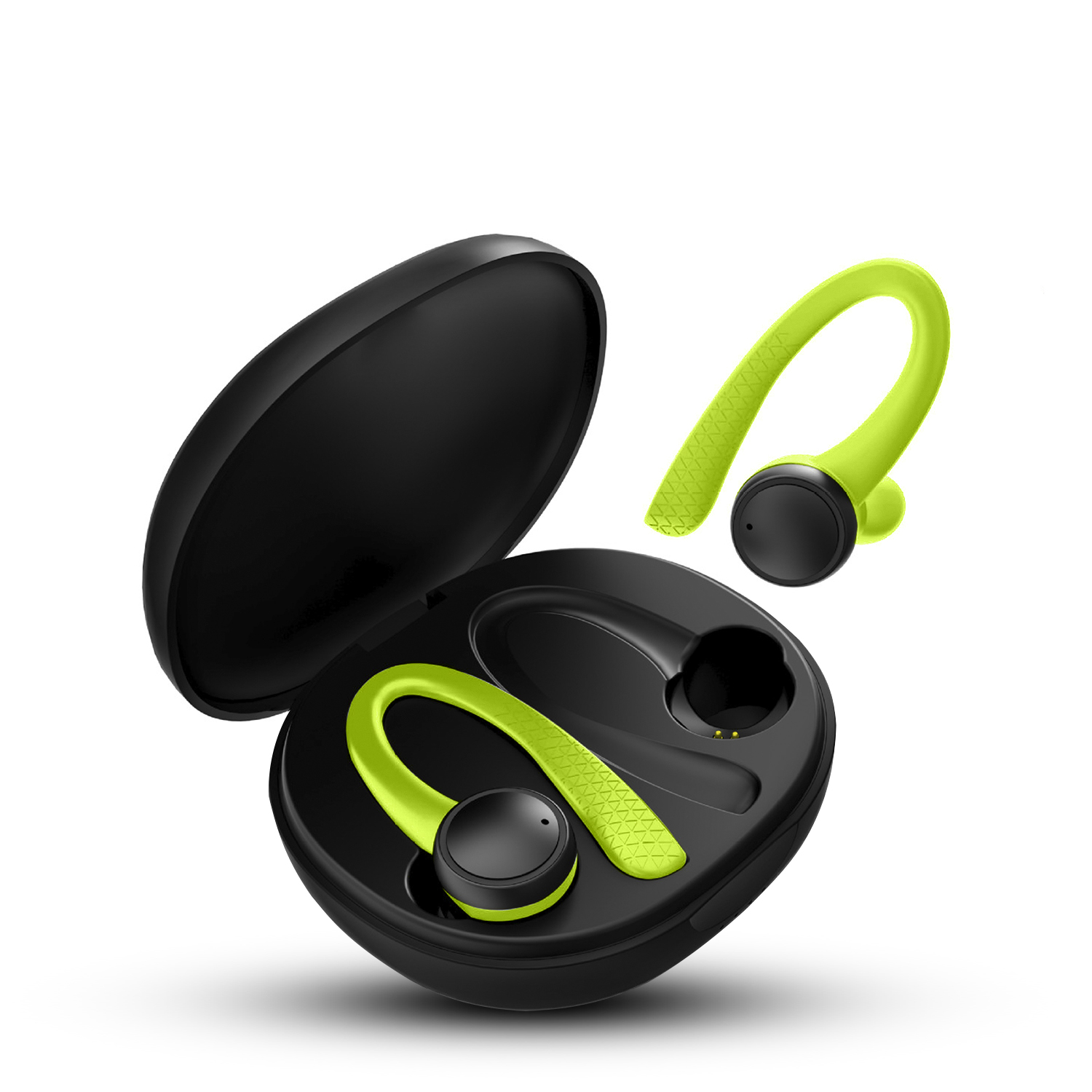 Auriculares verdes en un estuche de carga negro. Un auricular visible.