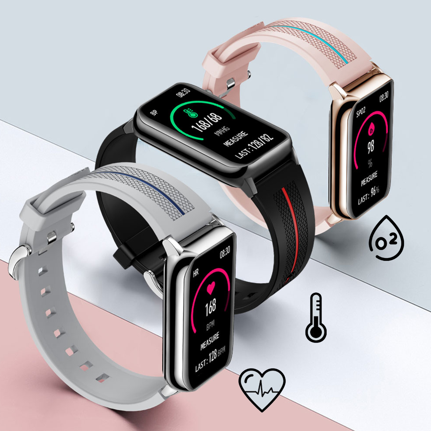 Drei Smartwatches zeigen Gesundheitsmetriken: Herzfrequenz, SPO2 und Blutdruck.