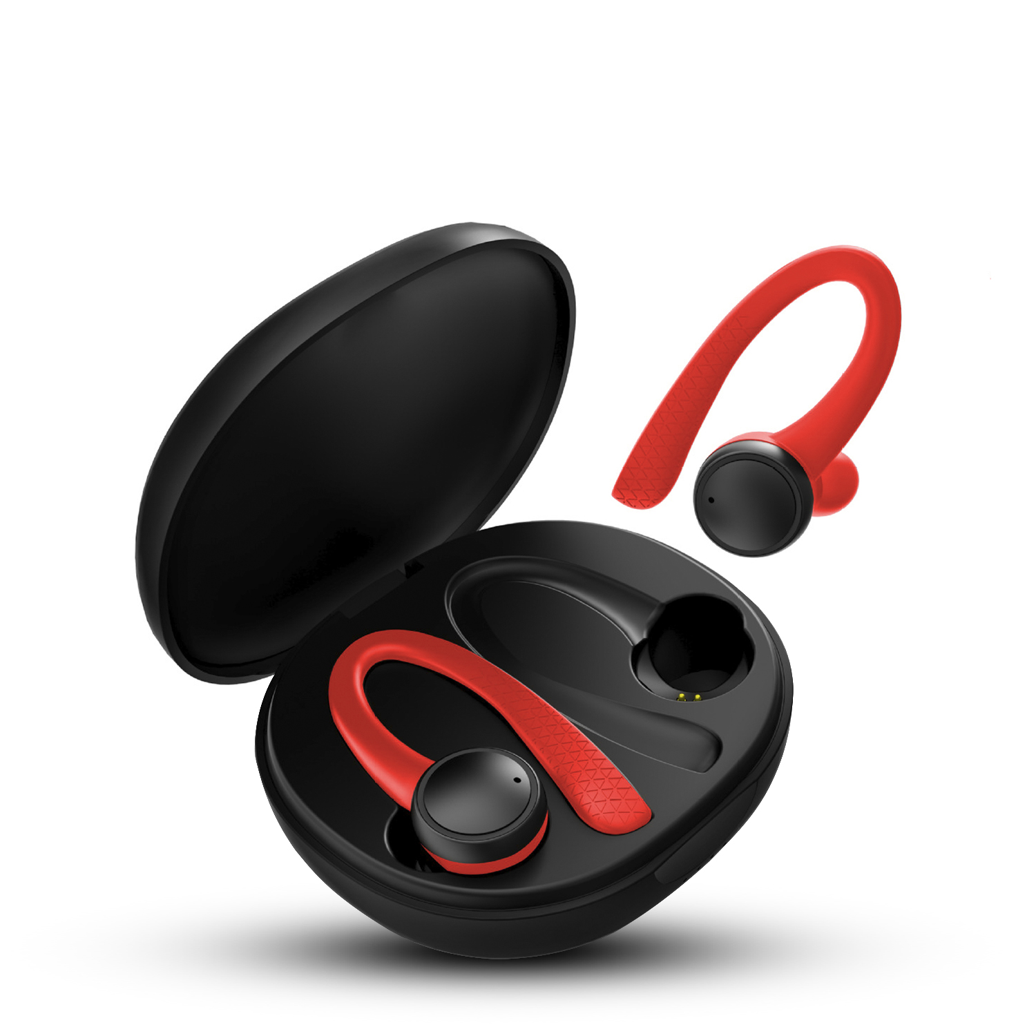 Auriculares inalámbricos rojos y negros en un estuche de carga negro.