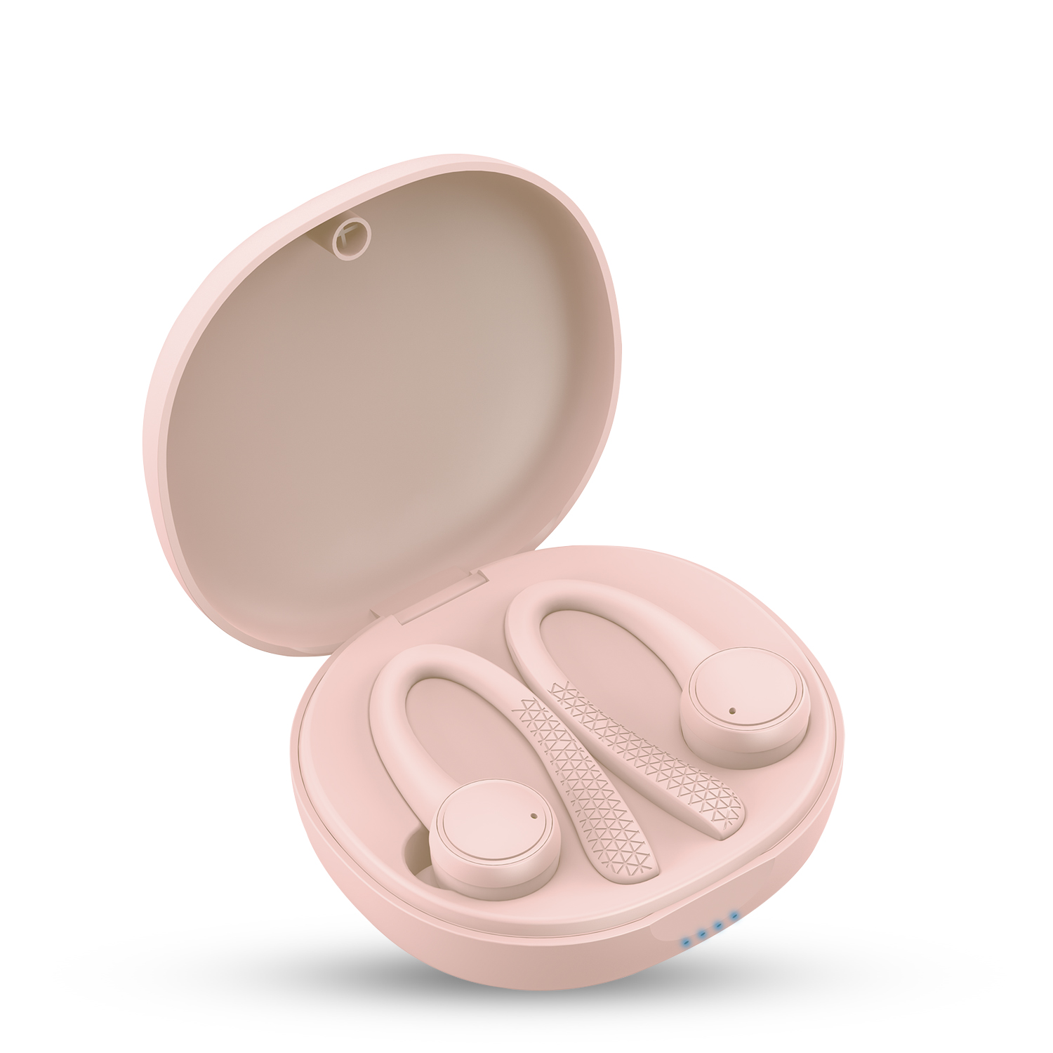 Auricolari rosa wireless in una custodia di ricarica rosa.