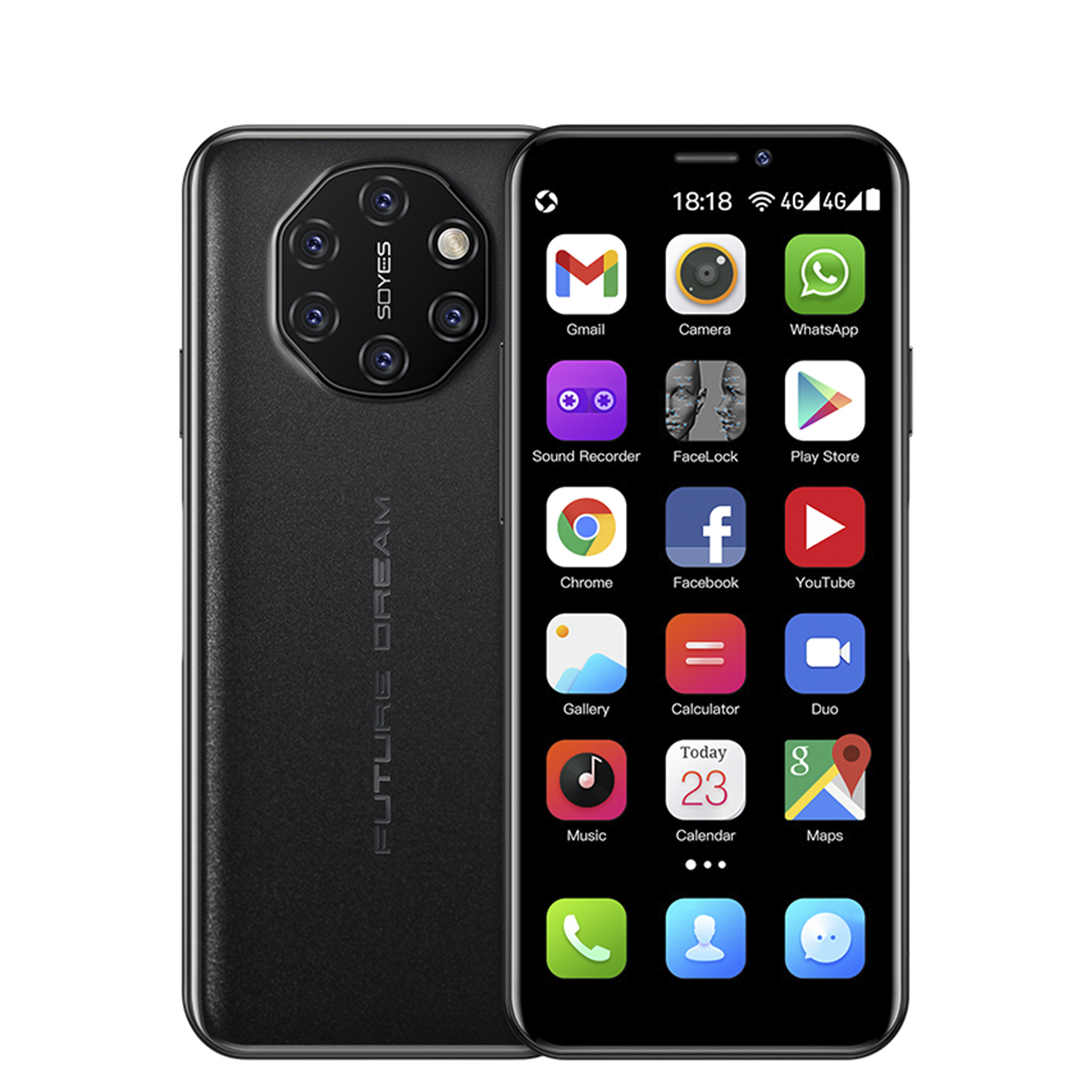 Uno smartphone nero che mostra icone di app, su sfondo bianco.