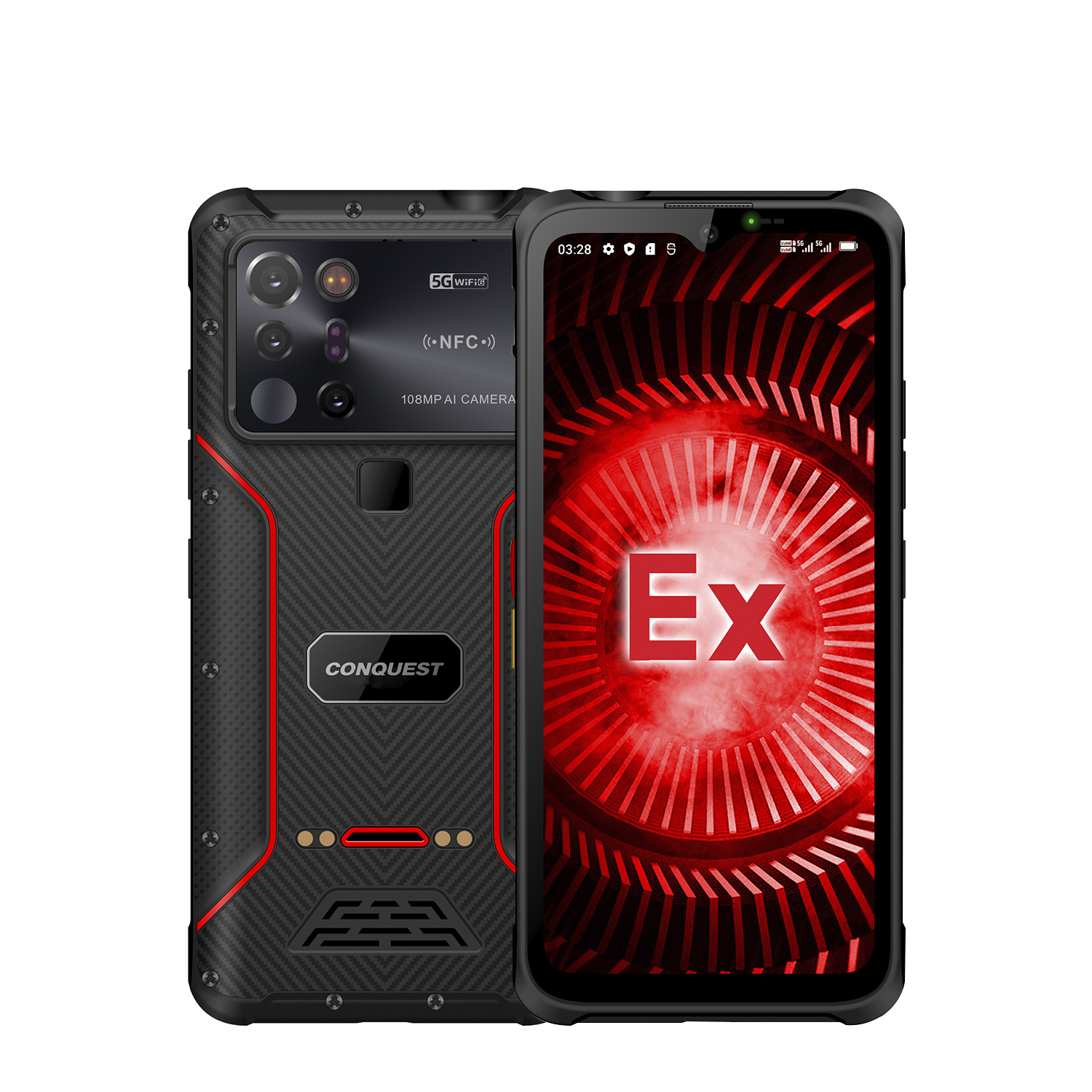 Smartphone robusto, nero e rosso, con schermo che mostra grafica rossa, su bianco.