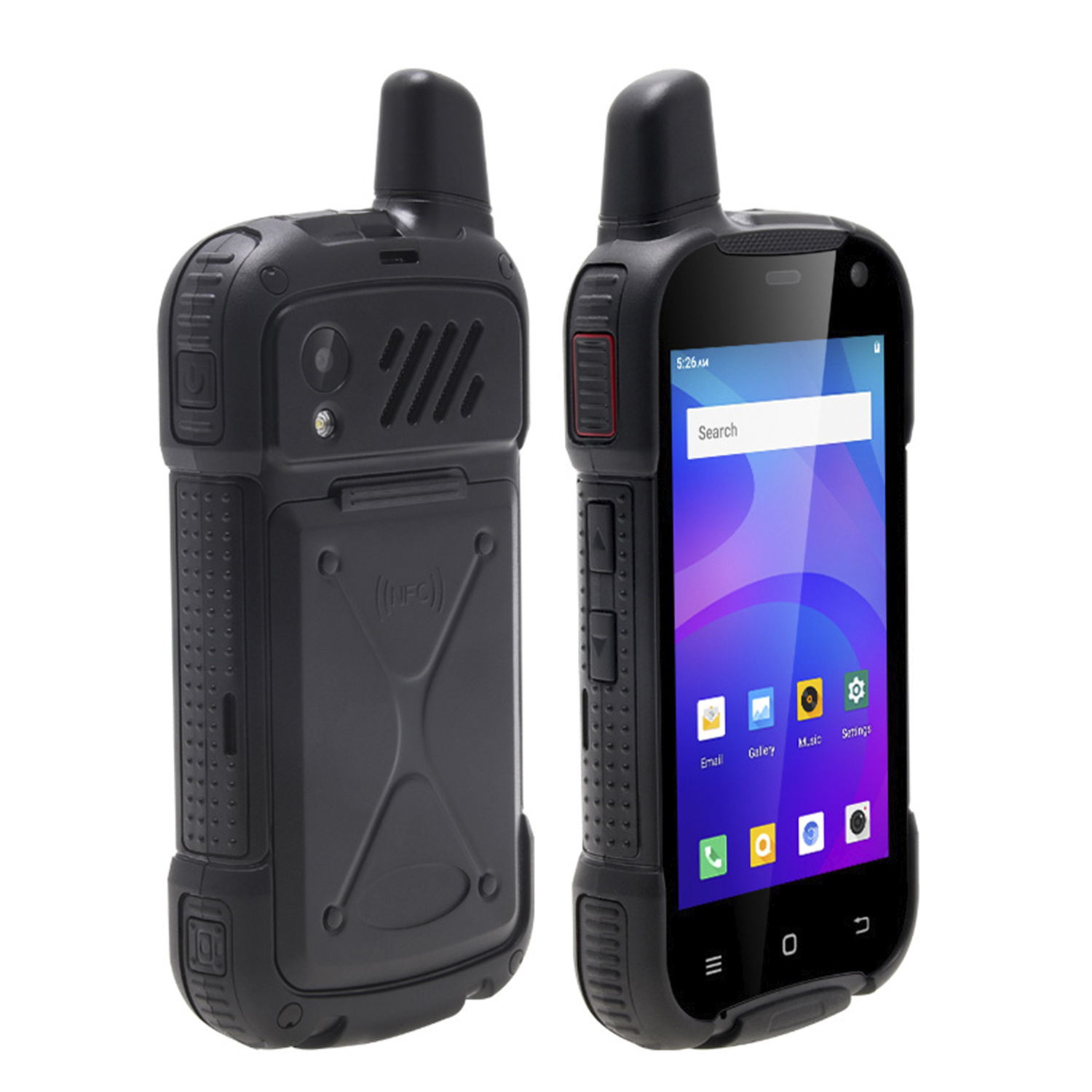 Due smartphone neri robusti. Entrambi mostrano interfacce diverse. Sfondo bianco.