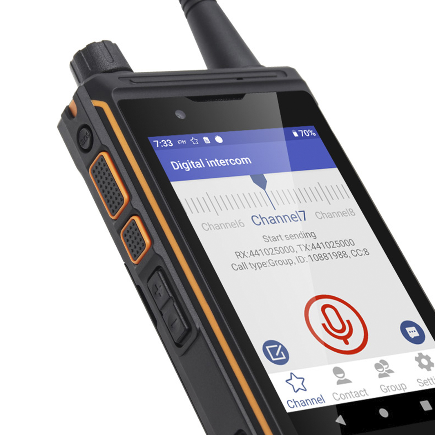 Walkie-talkie negro y naranja. La pantalla muestra una interfaz de intercomunicador digital.
