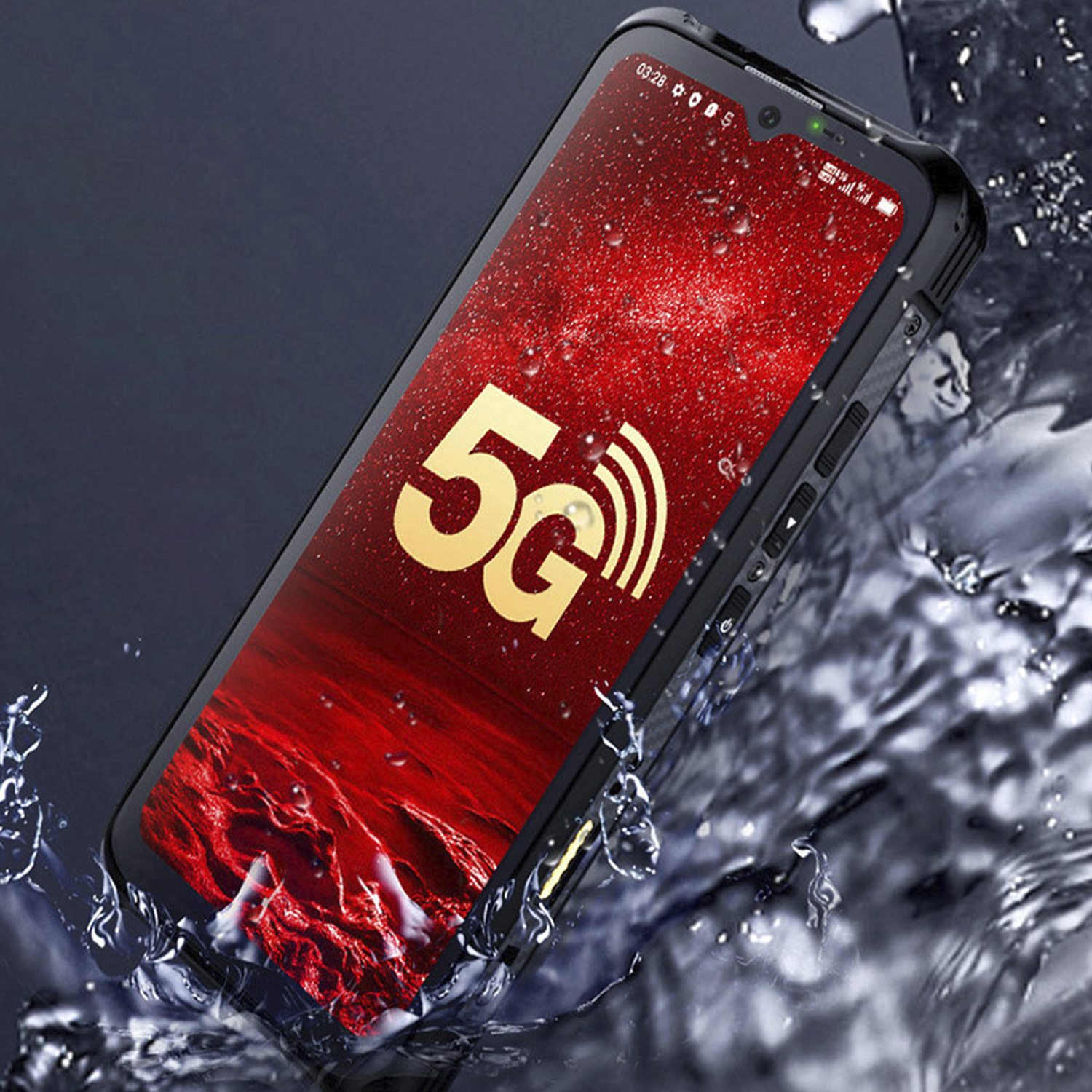 Smartphone nero rugged con gocce d'acqua sullo schermo.