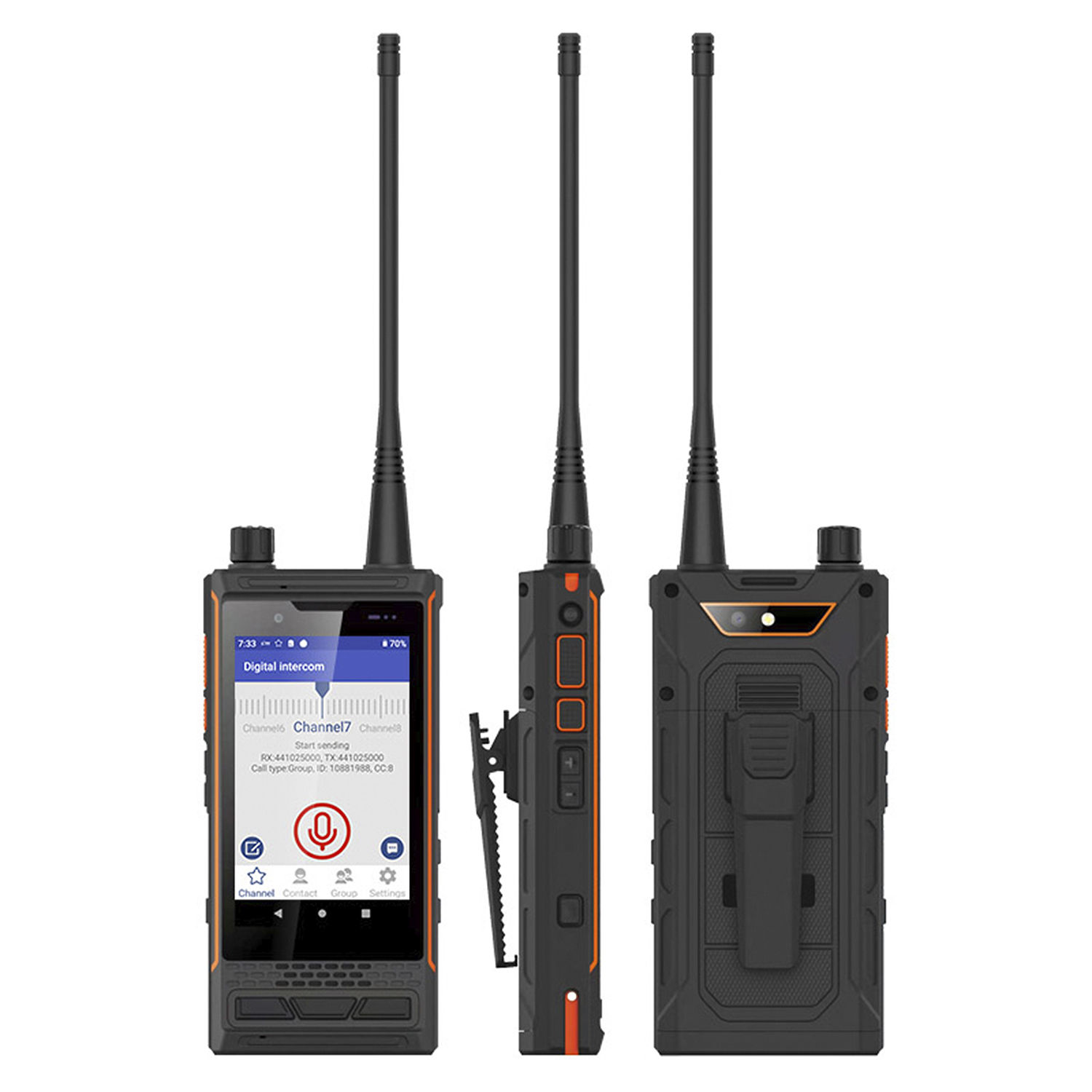 Tres vistas de un walkie-talkie negro y naranja con antena, pantalla y botones.