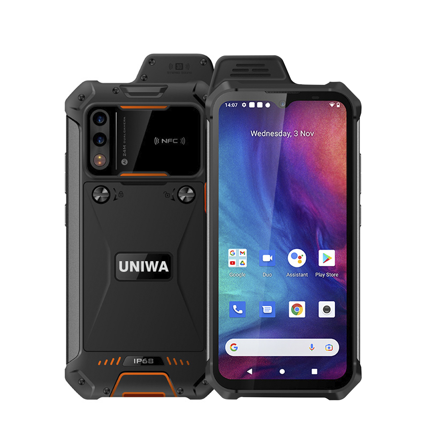 Smartphone nero robusto con accenti arancioni. Visualizza l'ora e le icone delle app. Retro con doppia fotocamera e NFC.