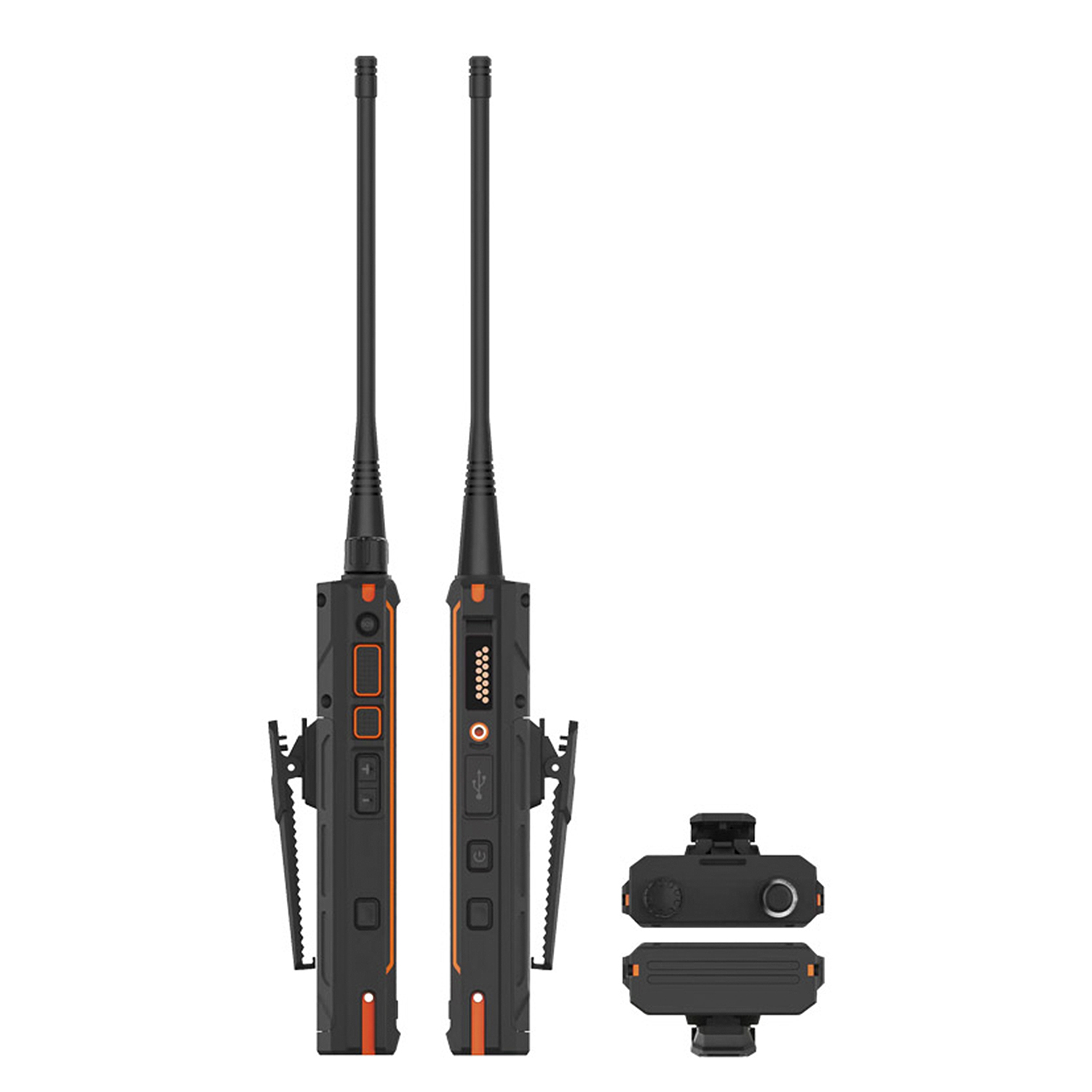 Dos walkie-talkies con antenas y un control separado.