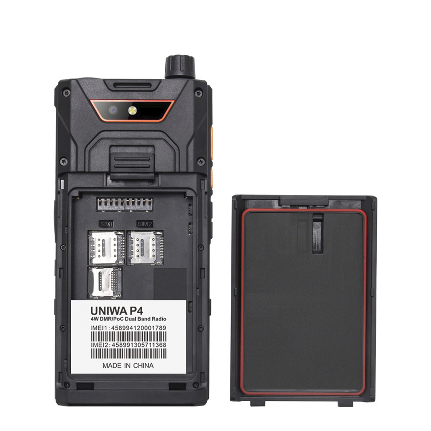 Radio de banda dual resistente negro con compartimento de batería abierto y ranuras SIM.