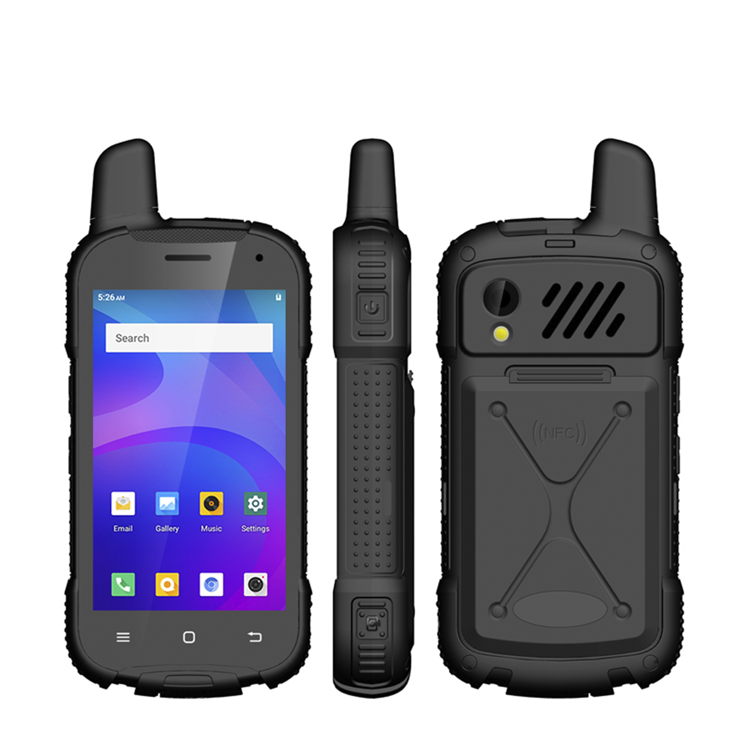 Smartphone nero robusto con schermo che mostra l'ora e le app. Vengono mostrate tre viste.