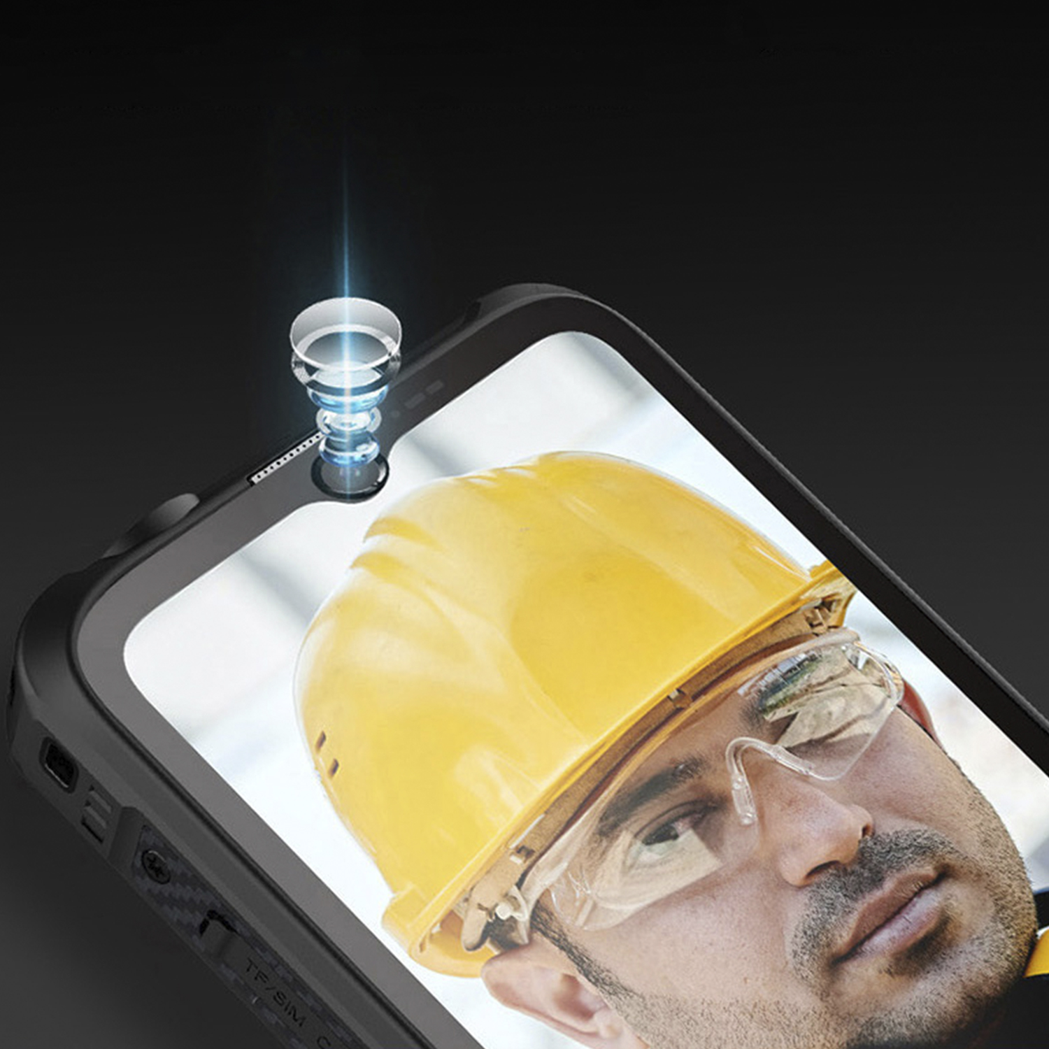 Telefono con custodia protettiva, che mostra un operaio edile con un casco.