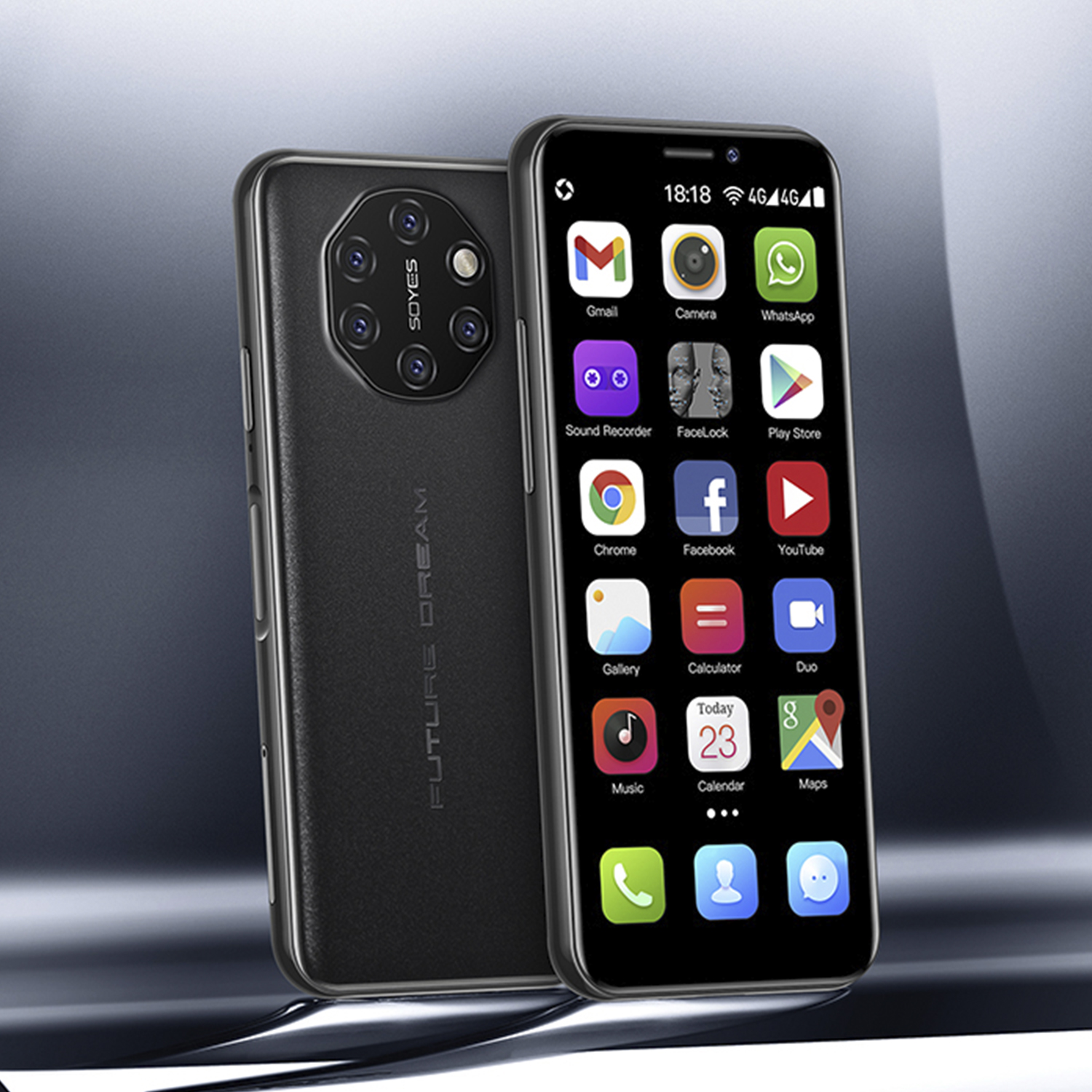 Smartphone nero che mostra app, con un altro telefono dietro. Sfondo grigio.