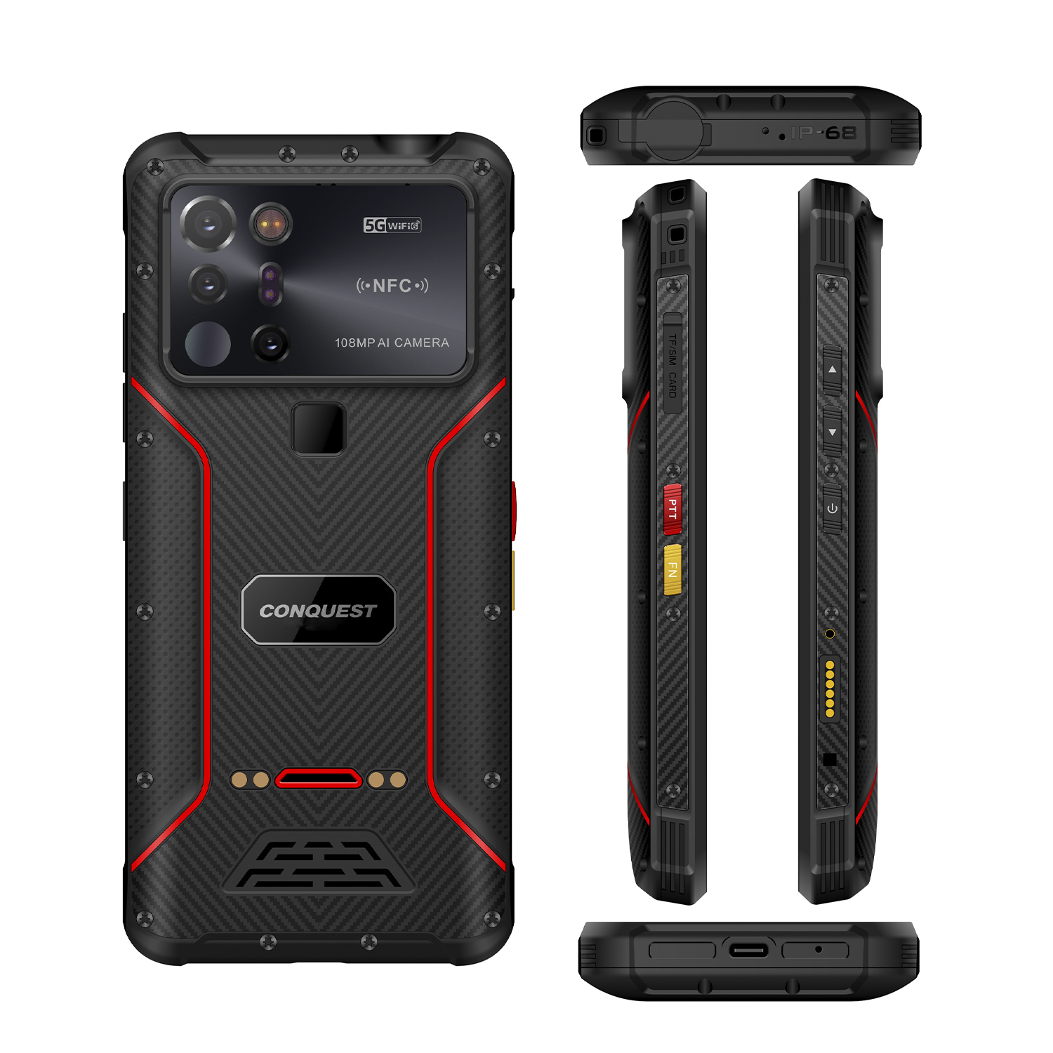 Smartphone nero robusto con dettagli rossi e più fotocamere, che mostra viste laterali e superiori.
