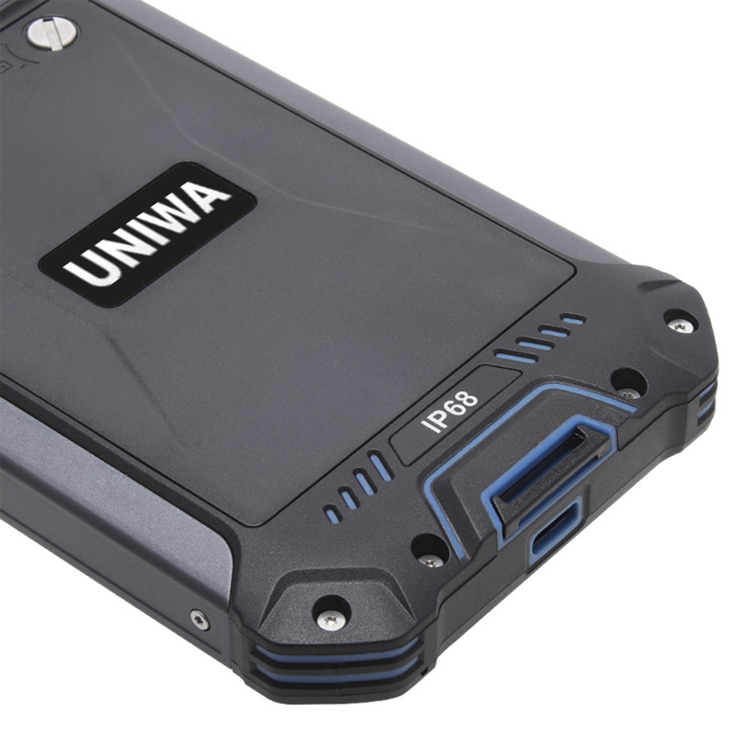 Telefono nero resistente con l'etichetta 'UNIIWA' e 'IP68' sul lato.