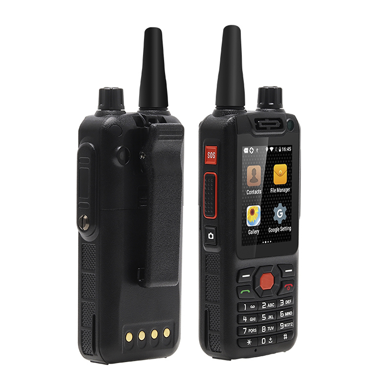Walkie-talkie neri, con schermo, pulsanti, antenna e clip da cintura, isolati su bianco.