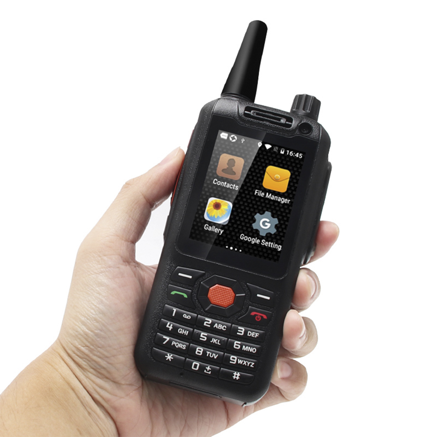 Walkie-talkie nero robusto con schermo. Mano che tiene il dispositivo. Mostra una lista contatti e una galleria.