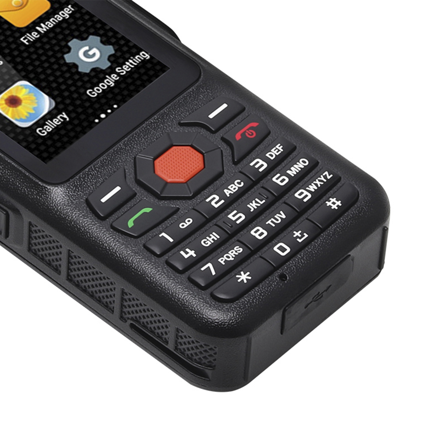 Un telefono nero robusto con tastiera, schermo con icone di app e porta USB è mostrato in primo piano.