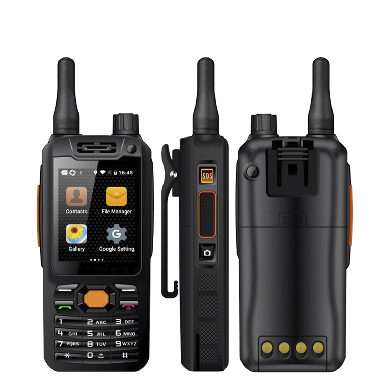 Telefono nero robusto. Mostra schermo con icone e pulsanti. Tre viste.