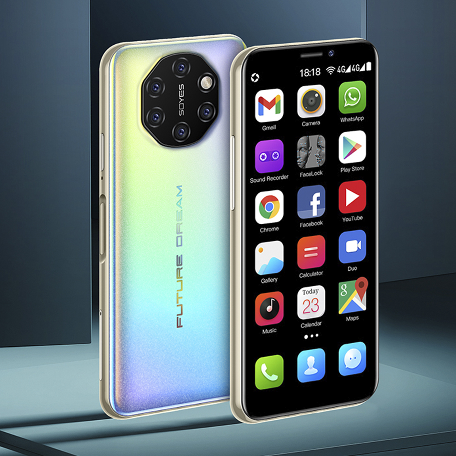 Zwei Smartphones, eines mit Symbolen, das andere mit Kameraanordnung, vor einem Farbverlaufshintergrund.