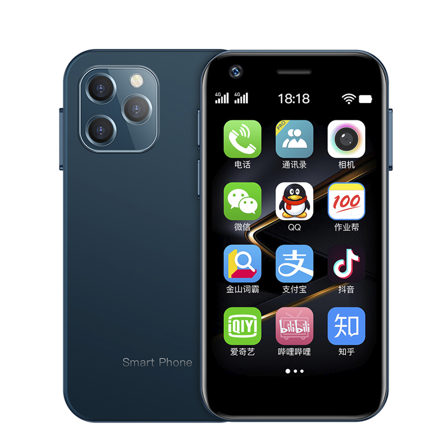 Ein schwarzes Smartphone mit Apps auf dem Bildschirm. Das Telefon hat eine blaue Rückseite und eine kleine Frontkamera.
