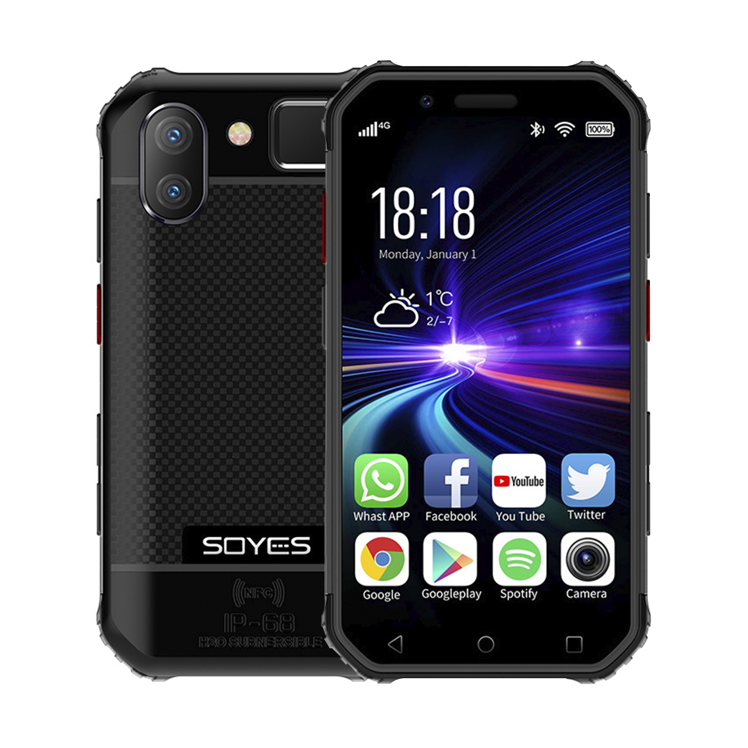 Un piccolo smartphone nero con icone delle app sullo schermo e una cover posteriore.
