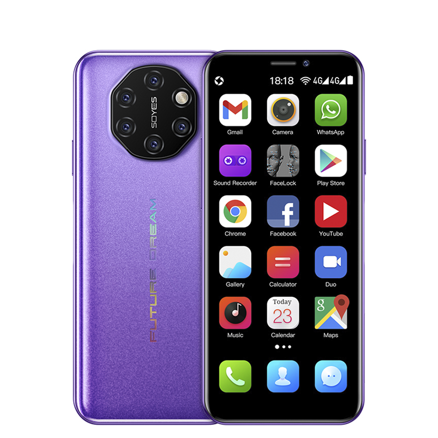 Lila Smartphone mit schwarzem Bildschirm, der App-Symbole anzeigt. Der Hintergrund ist weiß.