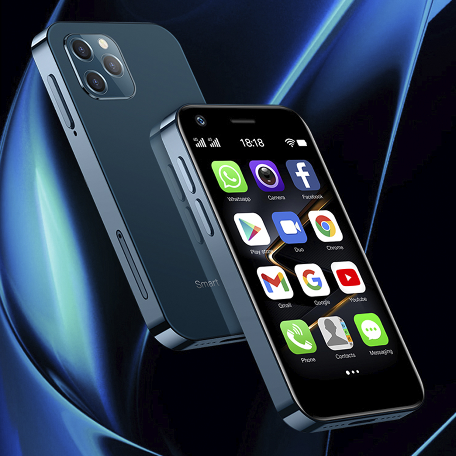 Zwei blaue Smartphones werden angezeigt. Eines hat App-Symbole. Ein anderes zeigt die Rückseite mit Kameras.