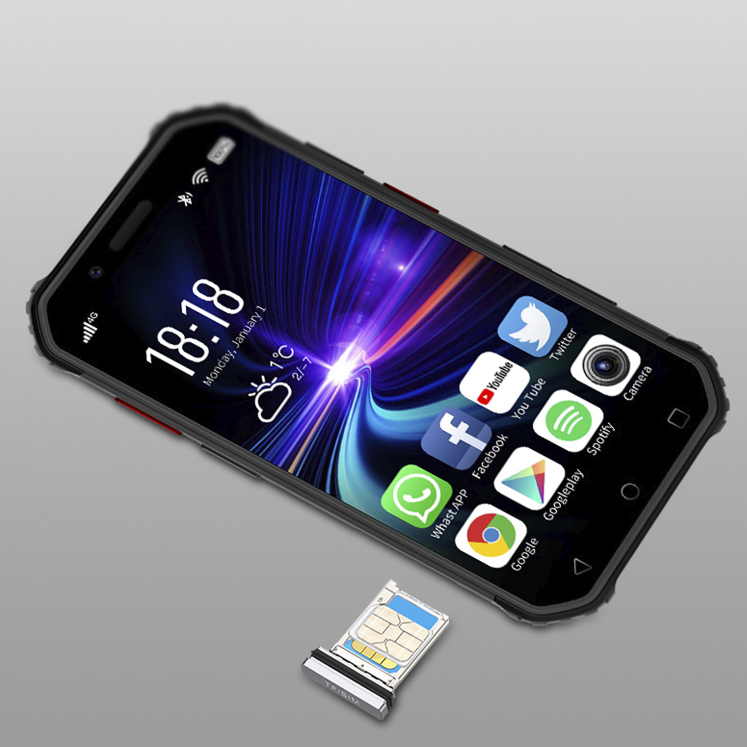Uno smartphone nero che mostra un'interfaccia. Un vassoio per schede SIM è di fronte. Il telefono è angolato.