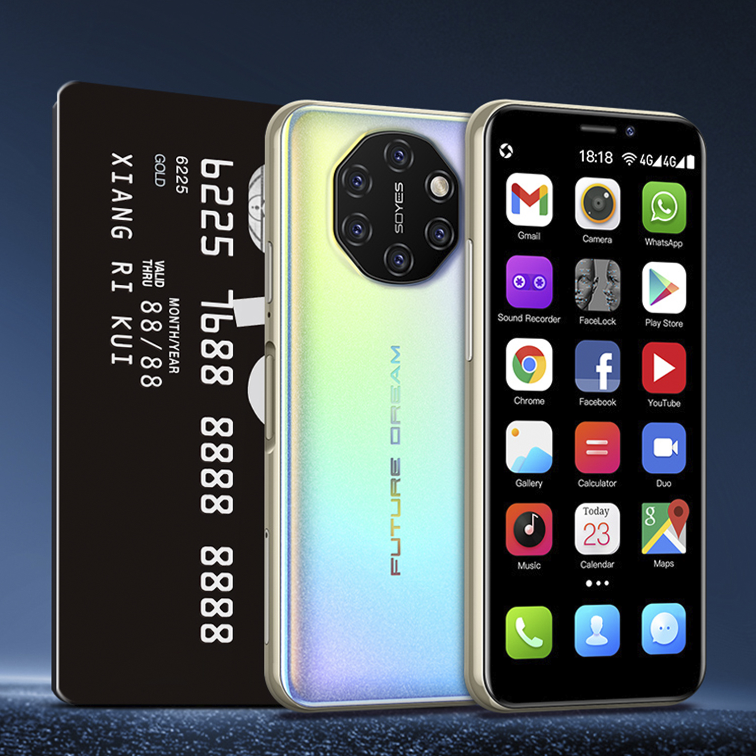 Eine schwarze Kreditkarte und ein goldenes Telefon, neben einem Smartphone mit Apps auf dem Bildschirm.