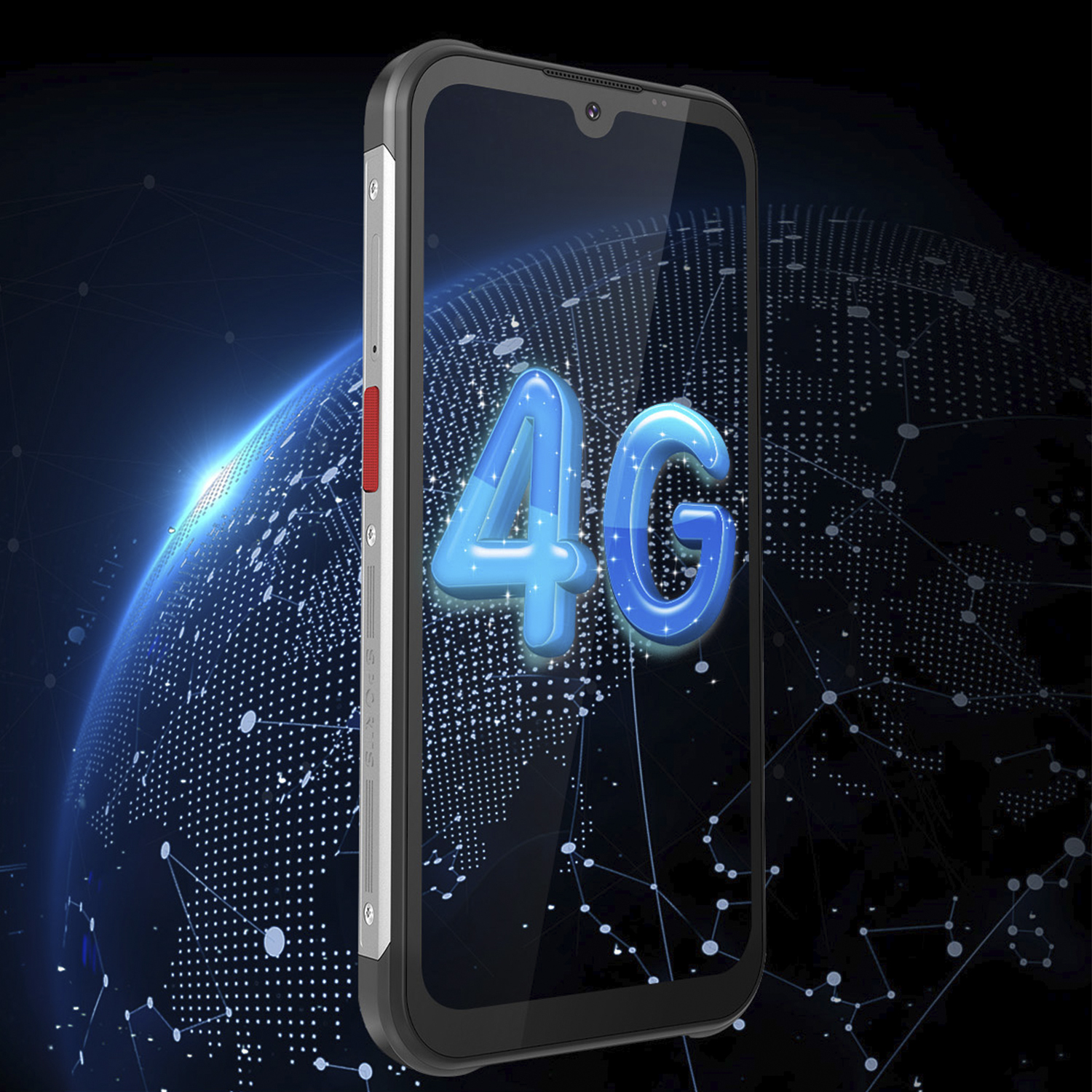 Uno smartphone nero con cornice argentata e pulsante rosso. Lo schermo mostra il logo 4G.