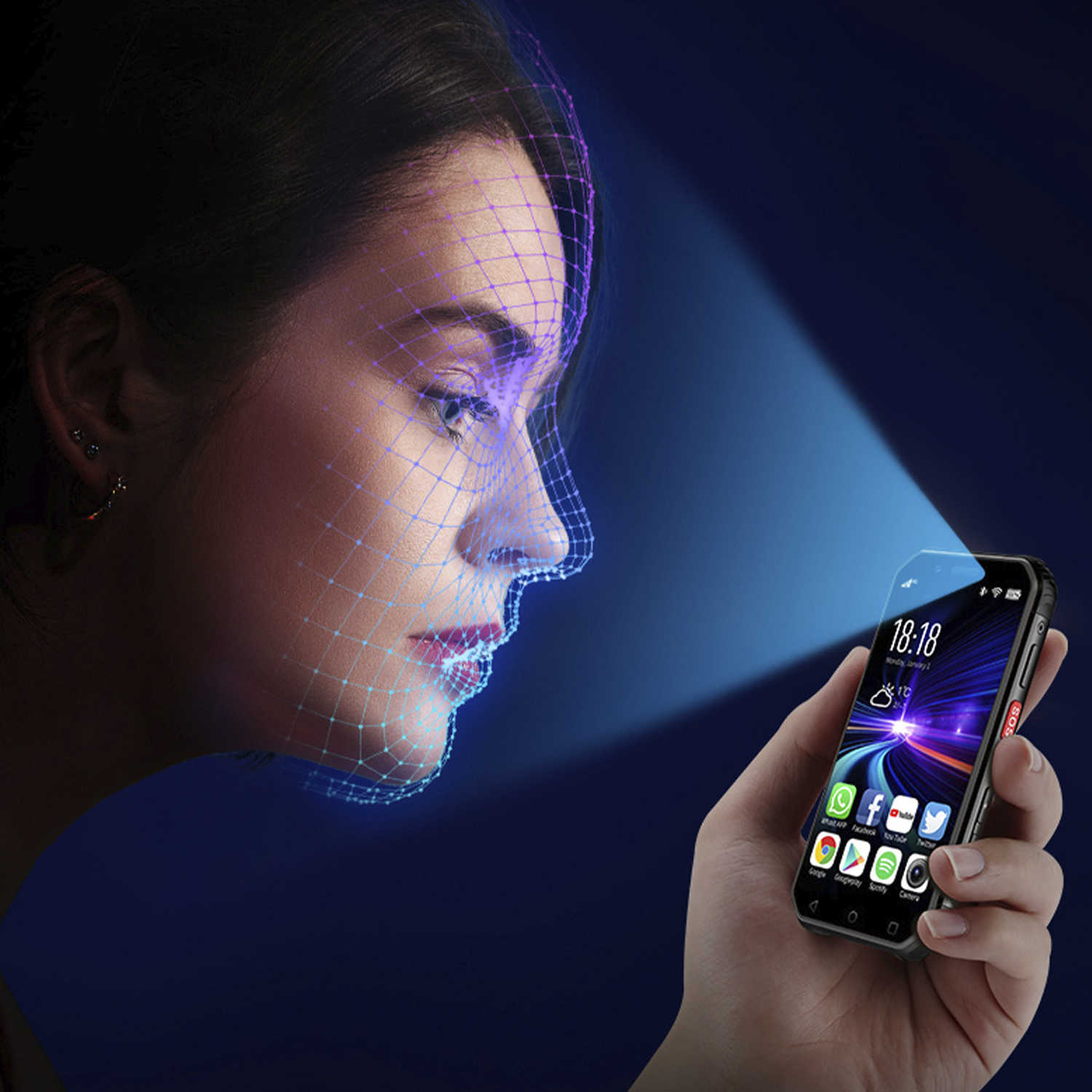 Volto di donna con telefono che mostra app. Riconoscimento facciale attivo.