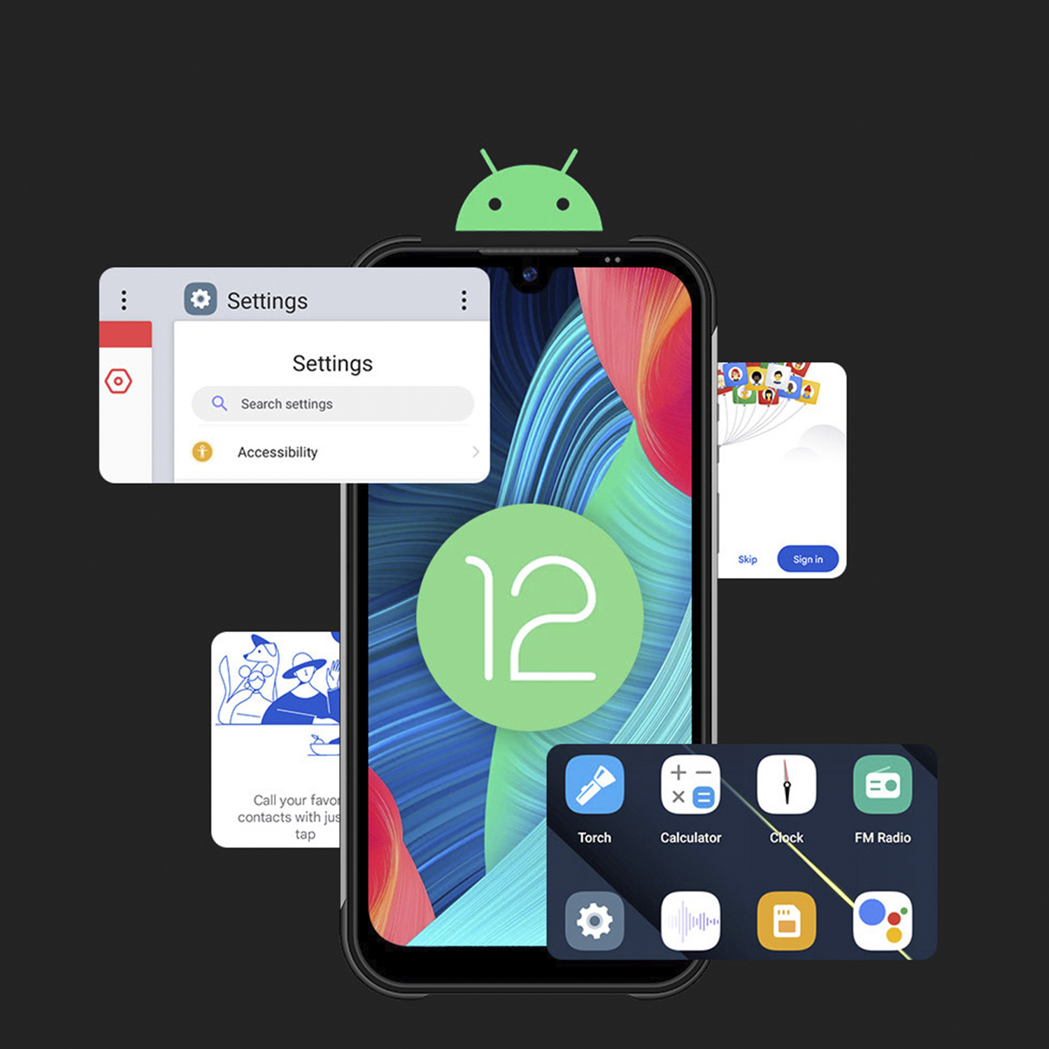 Uno smartphone che mostra impostazioni, app ed elementi dell'interfaccia di Android 12.