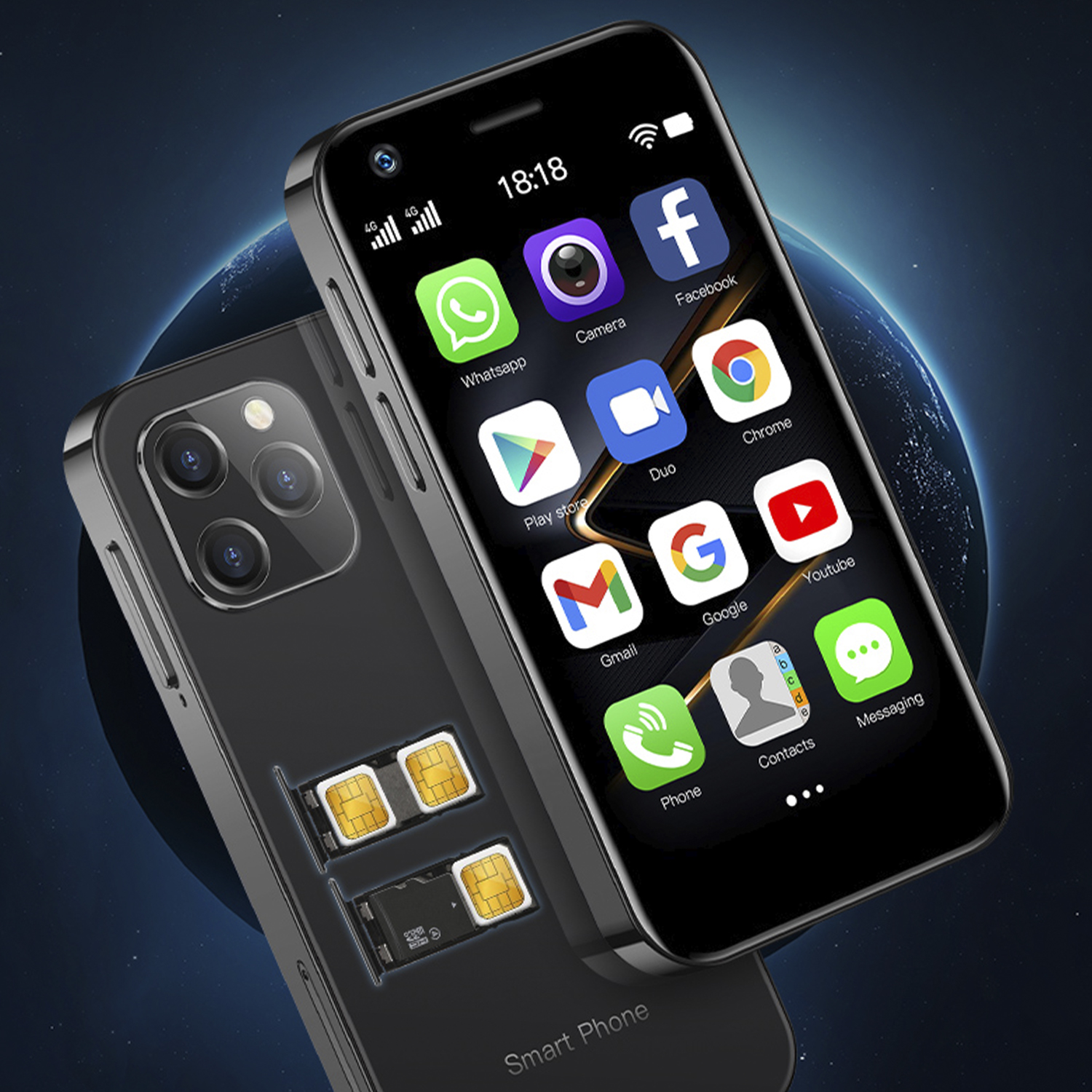 Zwei schwarze Smartphones mit App-Symbolen auf dem Bildschirm, SIM-Kartenfächer sichtbar.