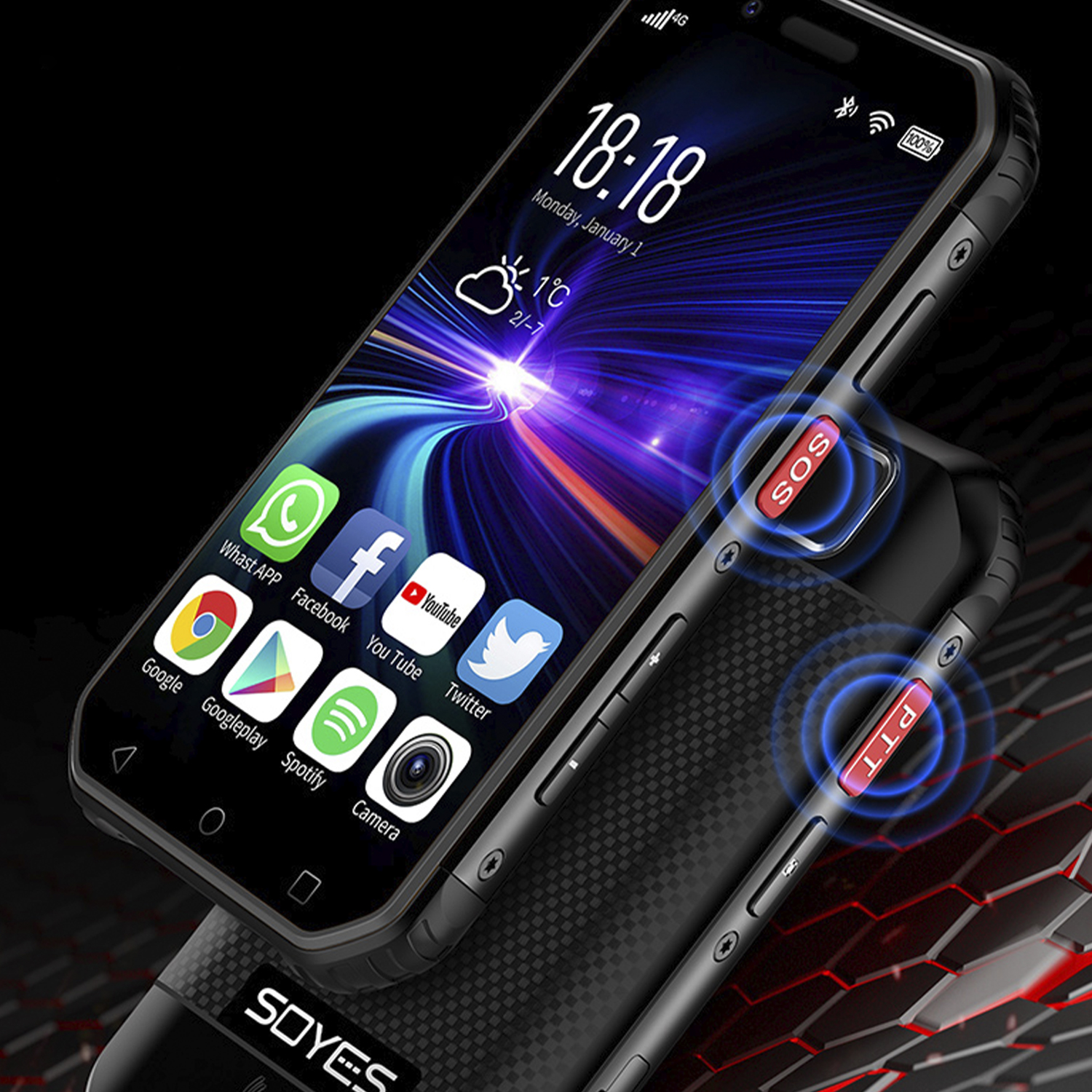 Uno smartphone nero robusto che mostra le icone delle app. I pulsanti SOS e PIT sono visibili.