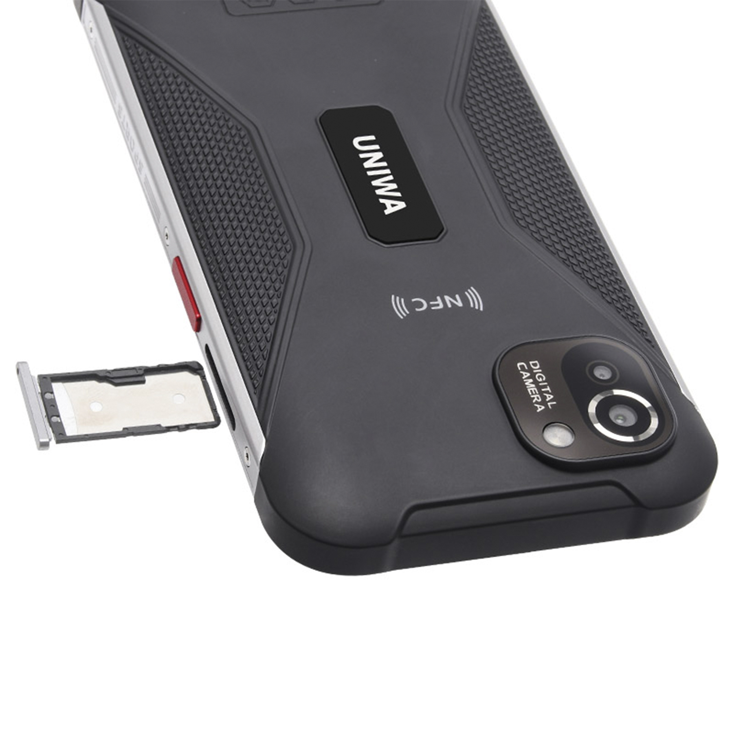 Primo piano di uno smartphone nero robusto con cornice argentata, vassoio SIM aperto e 'UNIWA' sul retro.