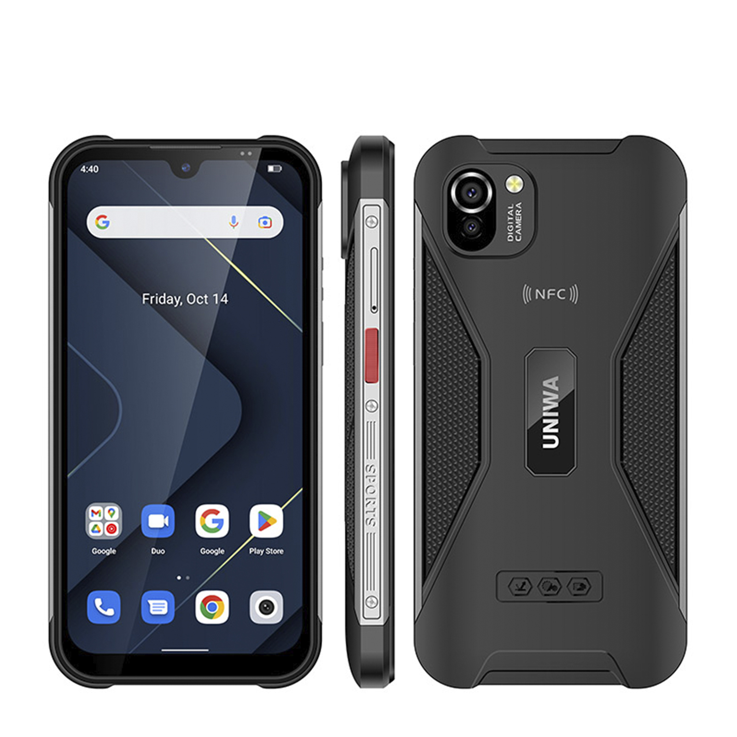 Un robusto smartphone nero con vista frontale, laterale e posteriore.