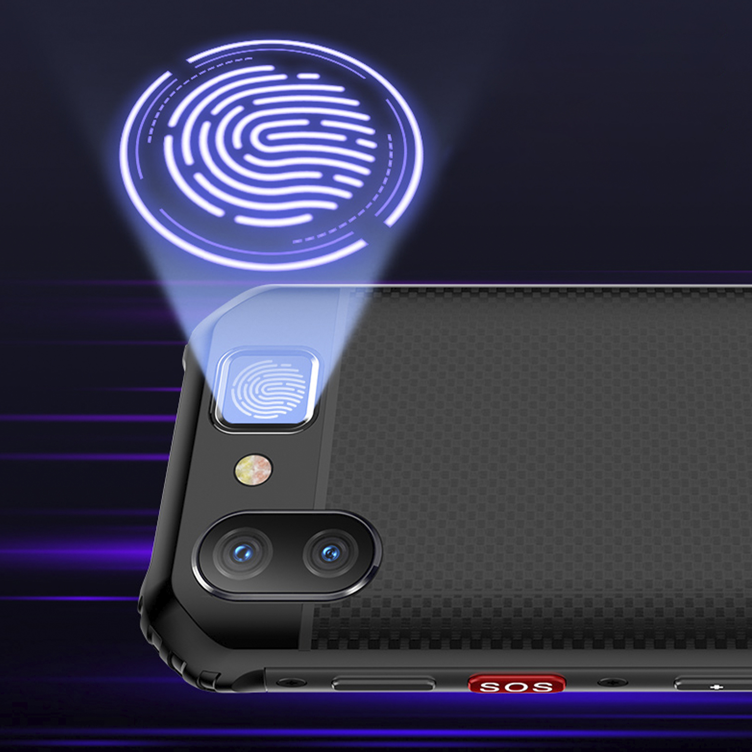 Uno smartphone con sensore di impronte digitali e doppia fotocamera. Un grafico di impronte digitali luminoso è sopra il telefono.