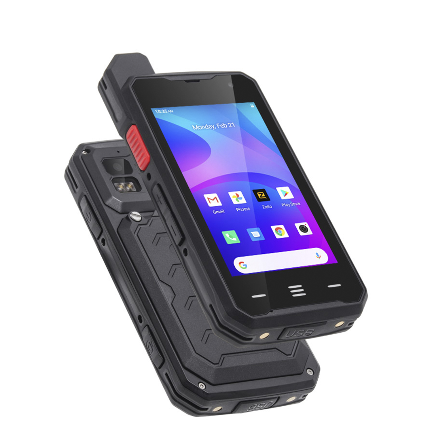 Smartphone nero robusto con due telefoni. Uno mostra l'interfaccia. Pulsante rosso in alto.