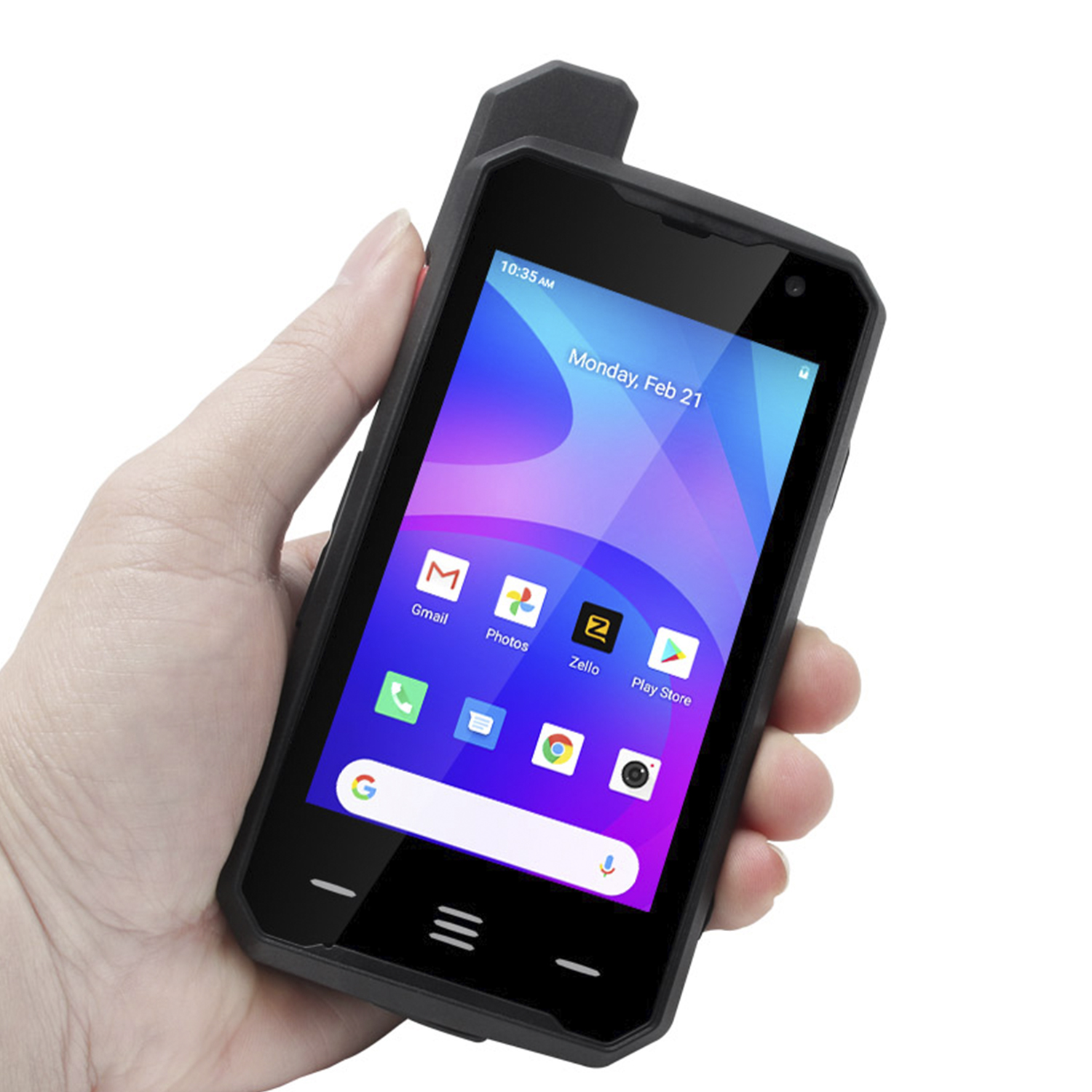 Una mano che tiene un telefono nero robusto con uno schermo a colori che mostra app e ora.