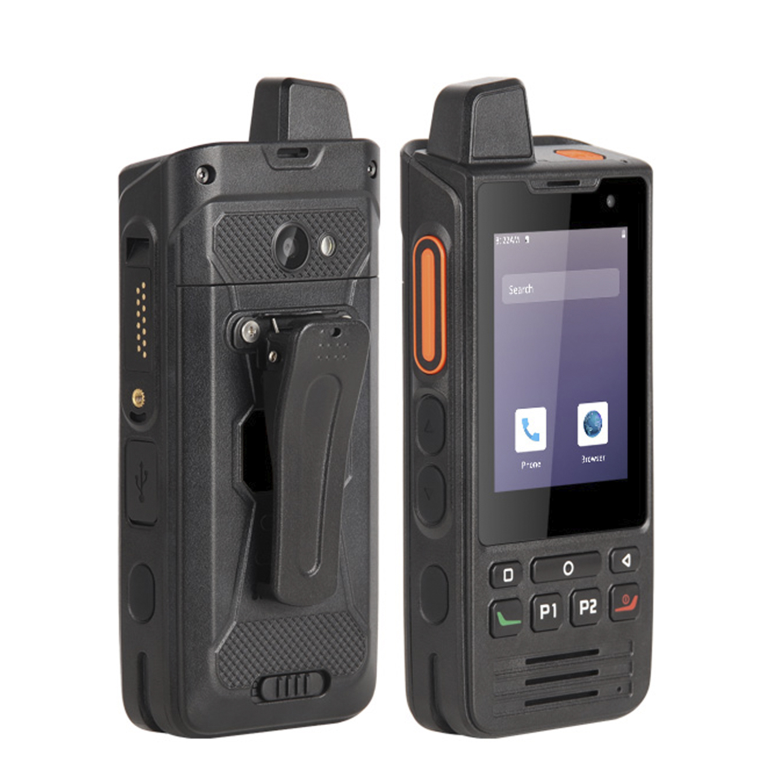 Due walkie-talkie neri. Uno mostra uno schermo con icone, l'altro il retro.