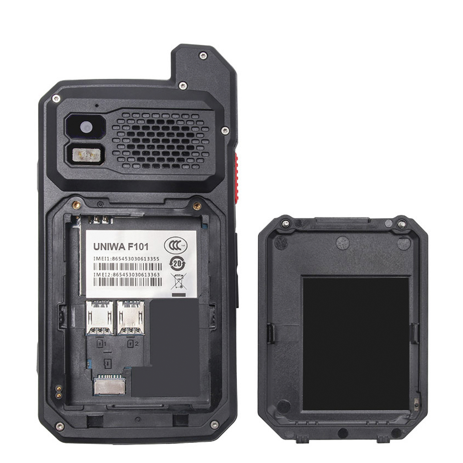 Un telefono nero robusto, aperto per mostrare i componenti interni, inclusa la batteria.