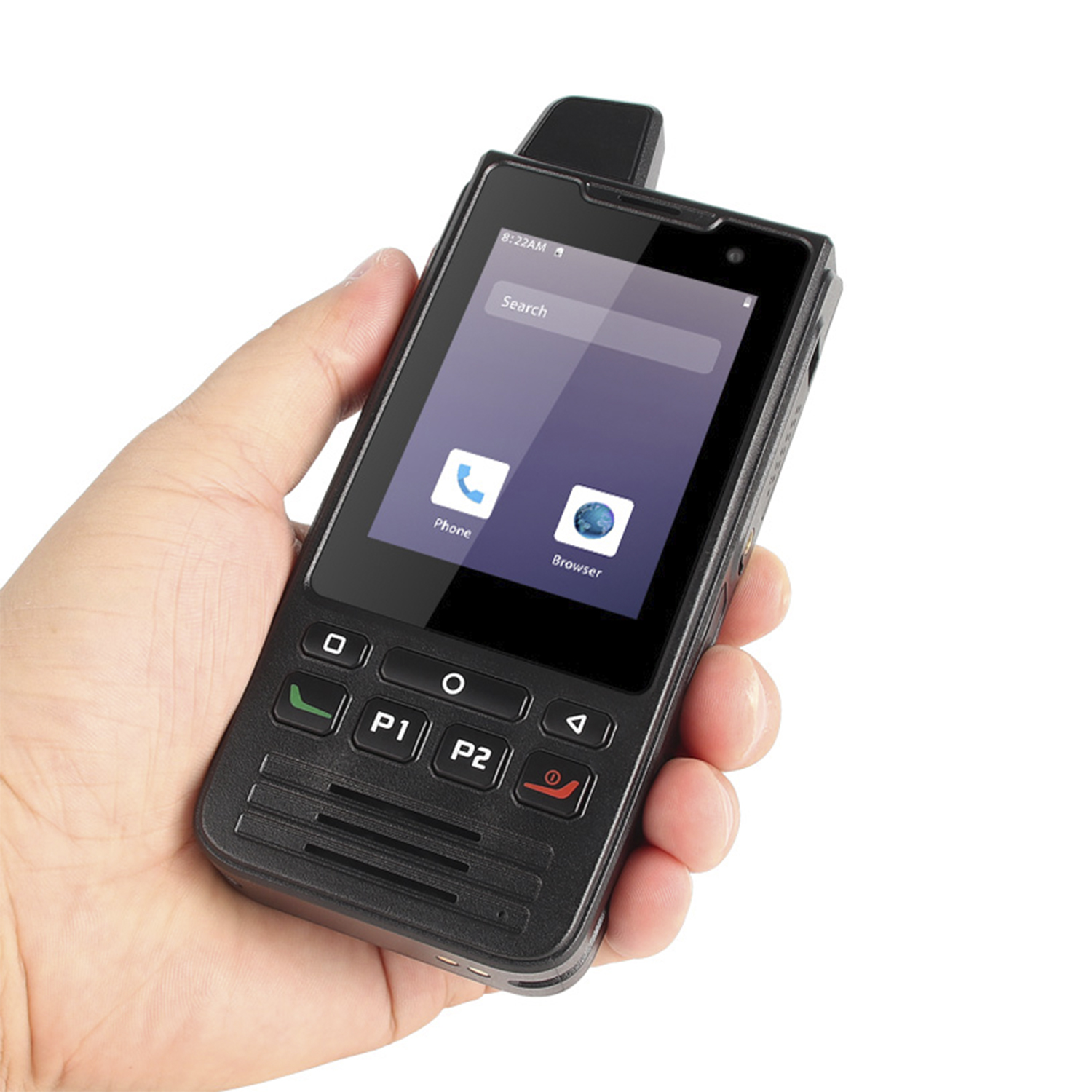 Una mano tiene in mano uno smartphone nero e robusto che mostra una schermata di ricerca con icone di telefono e browser.