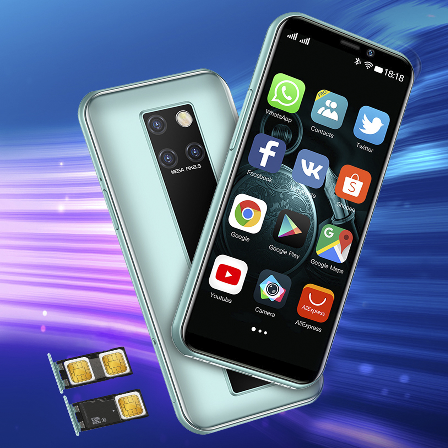 Ein türkisfarbenes Smartphone mit Apps auf dem Bildschirm und ein zweites. SIM-Karten unten.