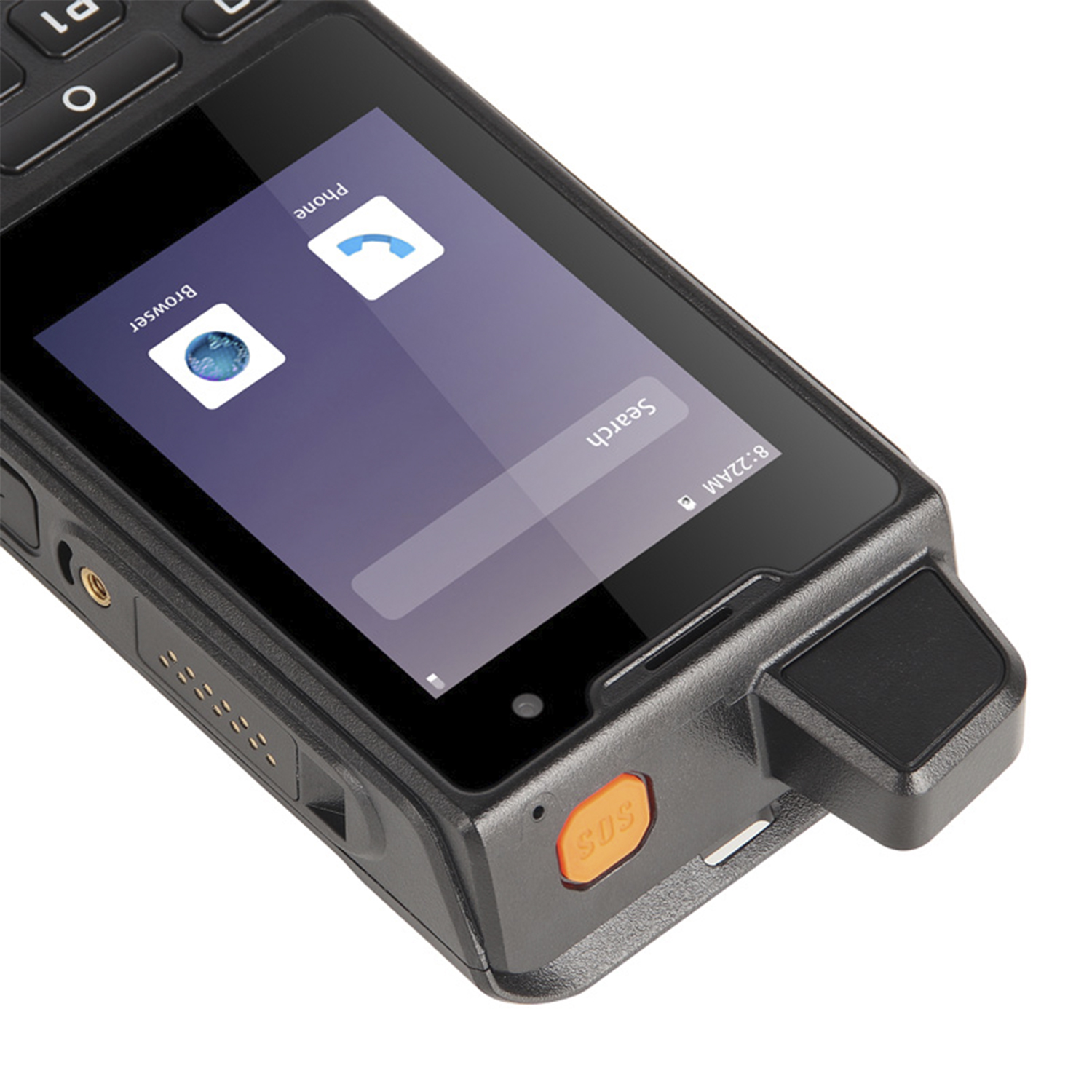 Smartphone nero con icone delle app sullo schermo, piccola porta laterale.