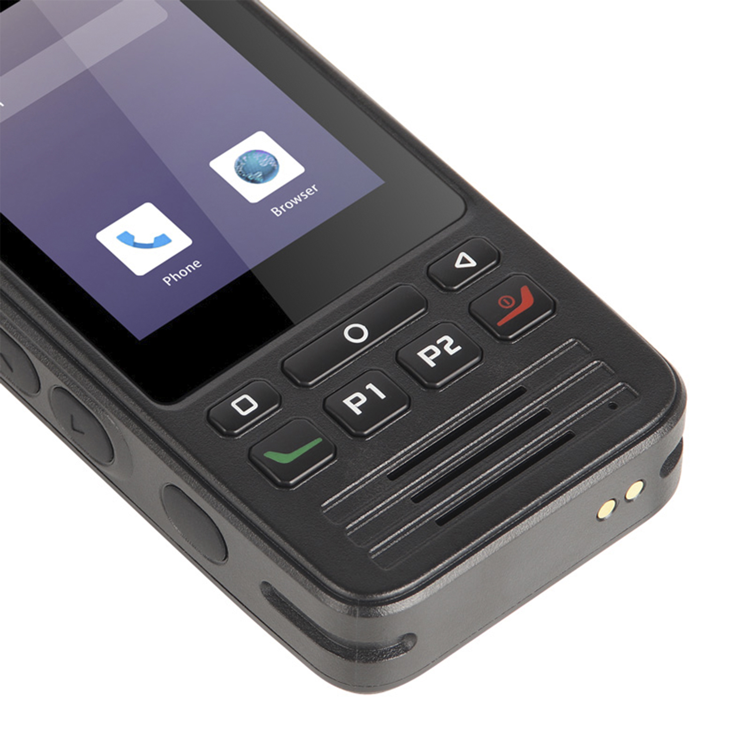 Primo piano di un dispositivo portatile nero con schermo, pulsanti e icona telefono.