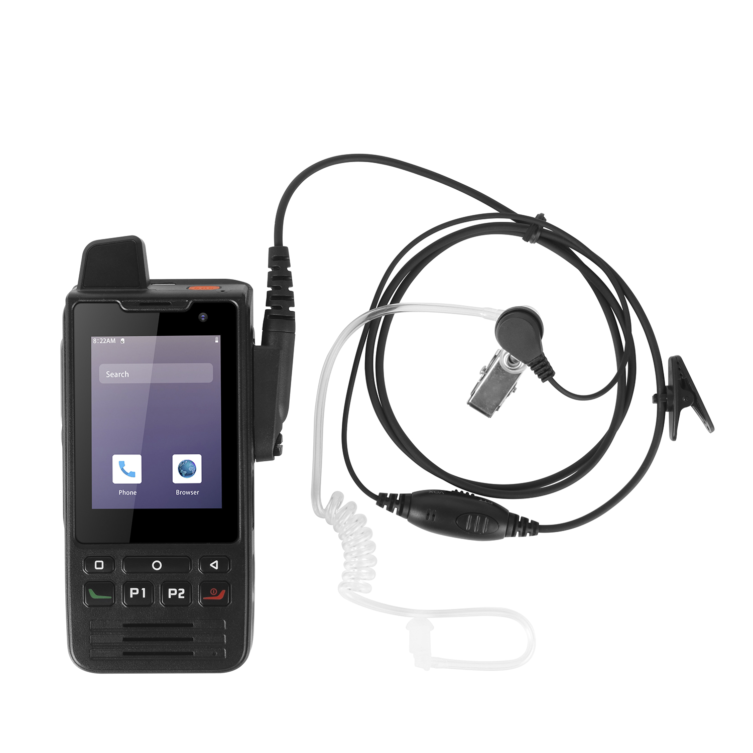 Un walkie-talkie nero con uno schermo e un auricolare collegato con un tubo trasparente.