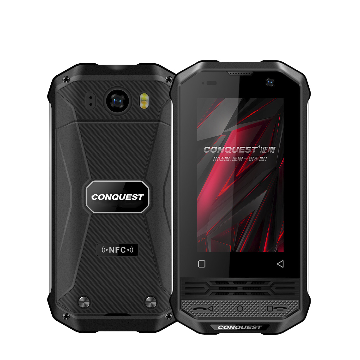 Un smartphone negro resistente. Tiene dos cámaras, un logotipo de CONQUEST y un diseño resistente.