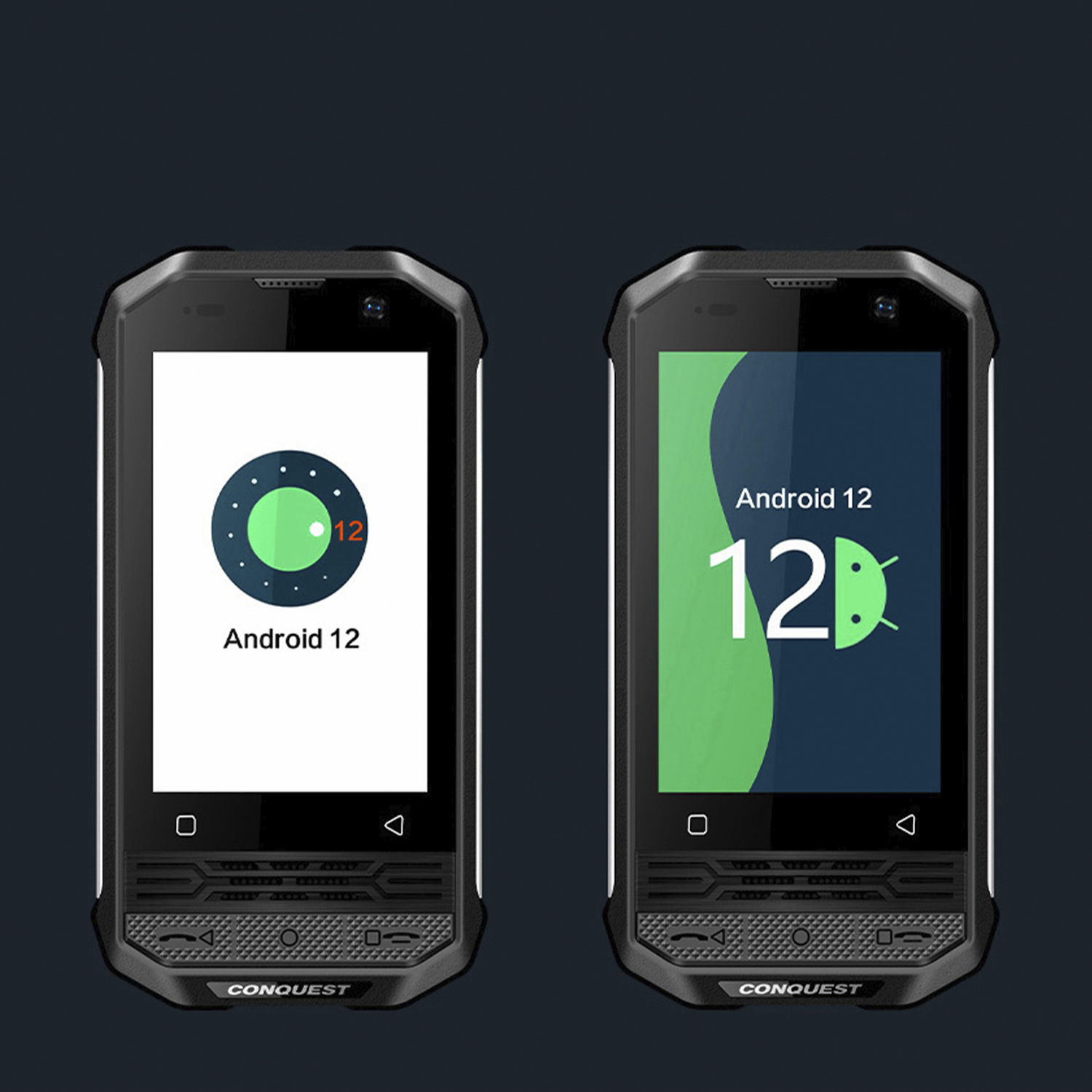 Dos teléfonos inteligentes negros y resistentes con la interfaz Android 12 en sus pantallas.