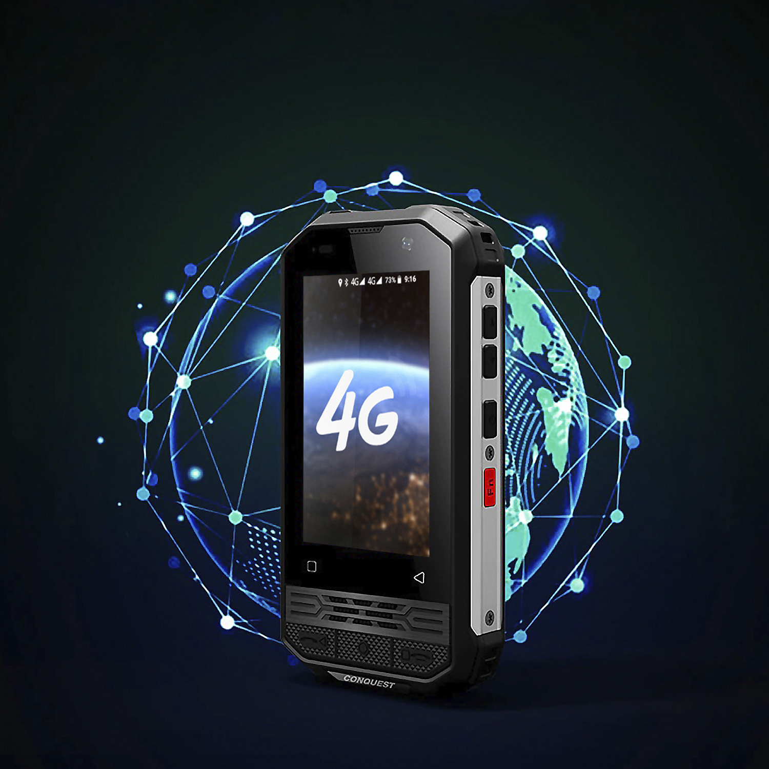 Un pequeño teléfono inteligente resistente que muestra una señal 4G, con un fondo de un globo y una red.