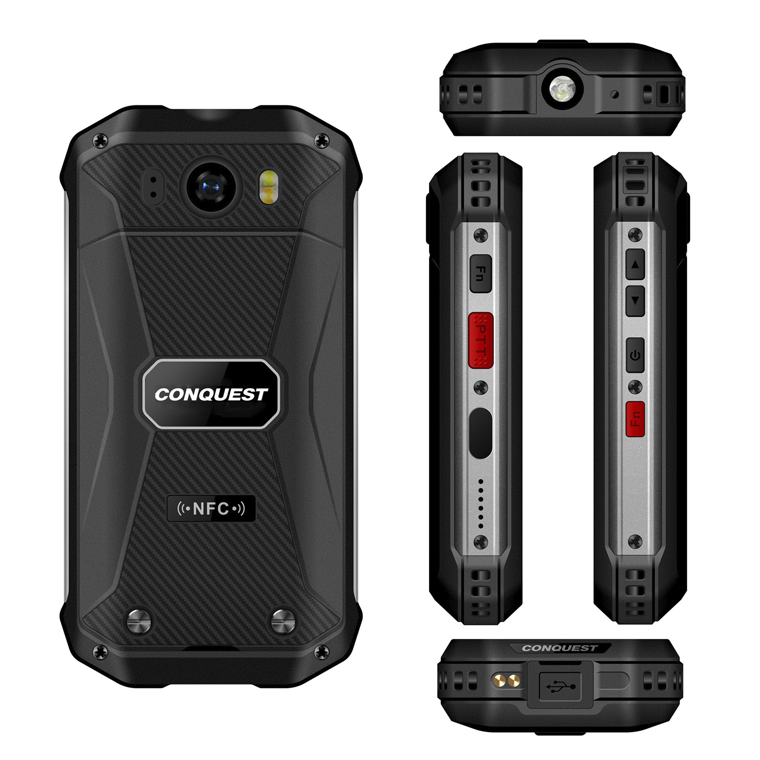 Smartphone resistente negro, múltiples vistas. Características: cámara, NFC y botones laterales. Logotipo CONQUEST.